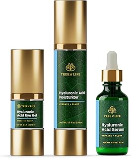 NEW LOOK | Tree of Life Hyaluronic Acid Hydrating Set for Face, Serum (1 Oz), Moisturizer Cream (1.7 Oz), Vitamin C Eye Gel, (0.5 Oz), Facial Tightening Lift, Clean Dermatologist-Tested Skin care