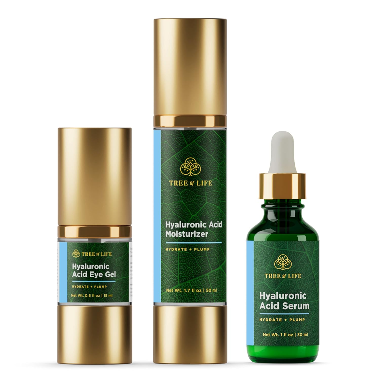 NEW LOOK | Tree of Life Hyaluronic Acid Hydrating Set for Face, Serum (1 Oz), Moisturizer Cream (1.7 Oz), Vitamin C Eye Gel, (0.5 Oz), Facial Tightening Lift, Clean Dermatologist-Tested Skin care-0