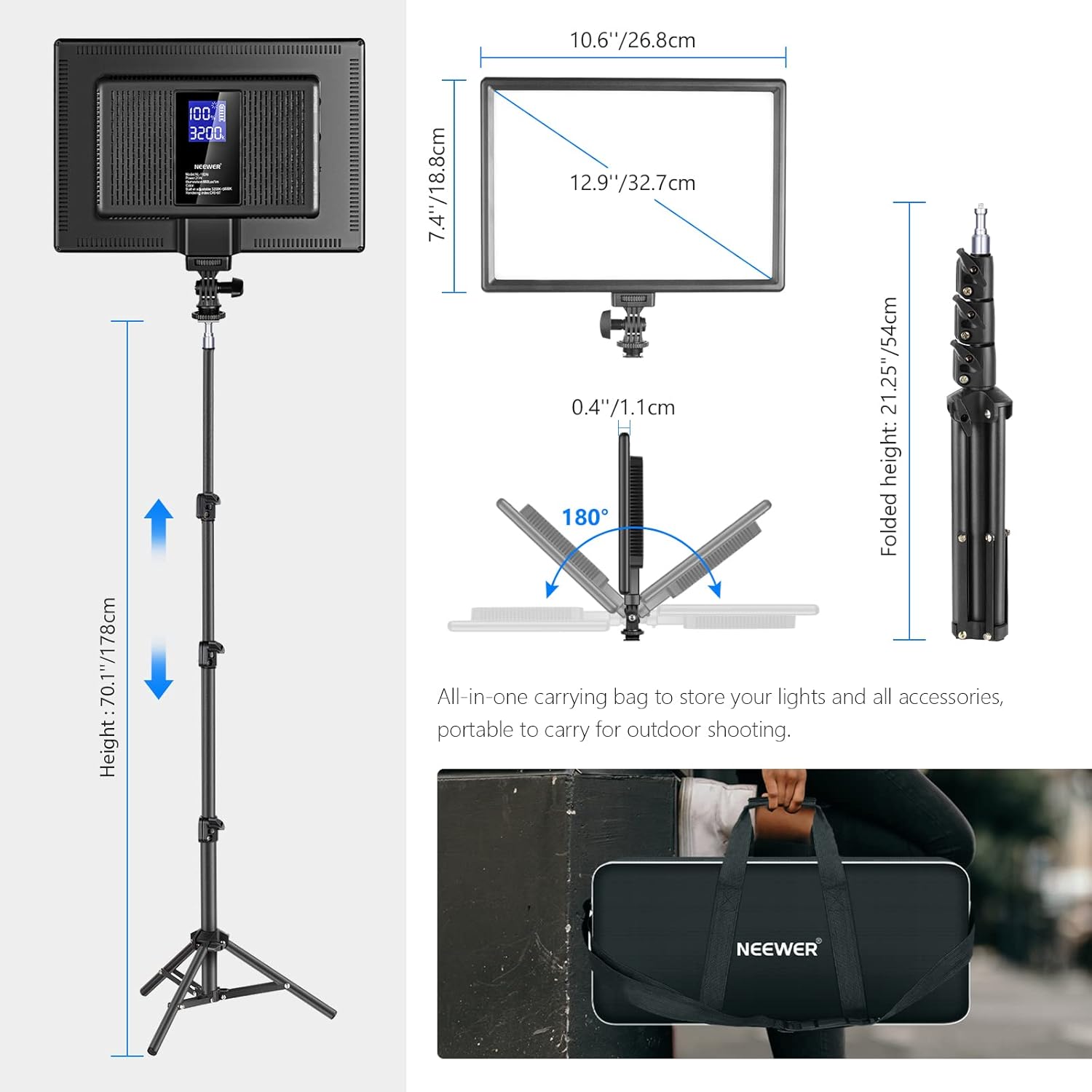 Neewer 13" Led Video Light Panel Lighting Kit, 2-Pack Dimmable Bi-Color Soft Lights with Light Stand, Built-in 8000mAh Battery, 3200K~5600K CRI 97+ 2400Lux for Game/Live Stream/YouTube/Photography-4