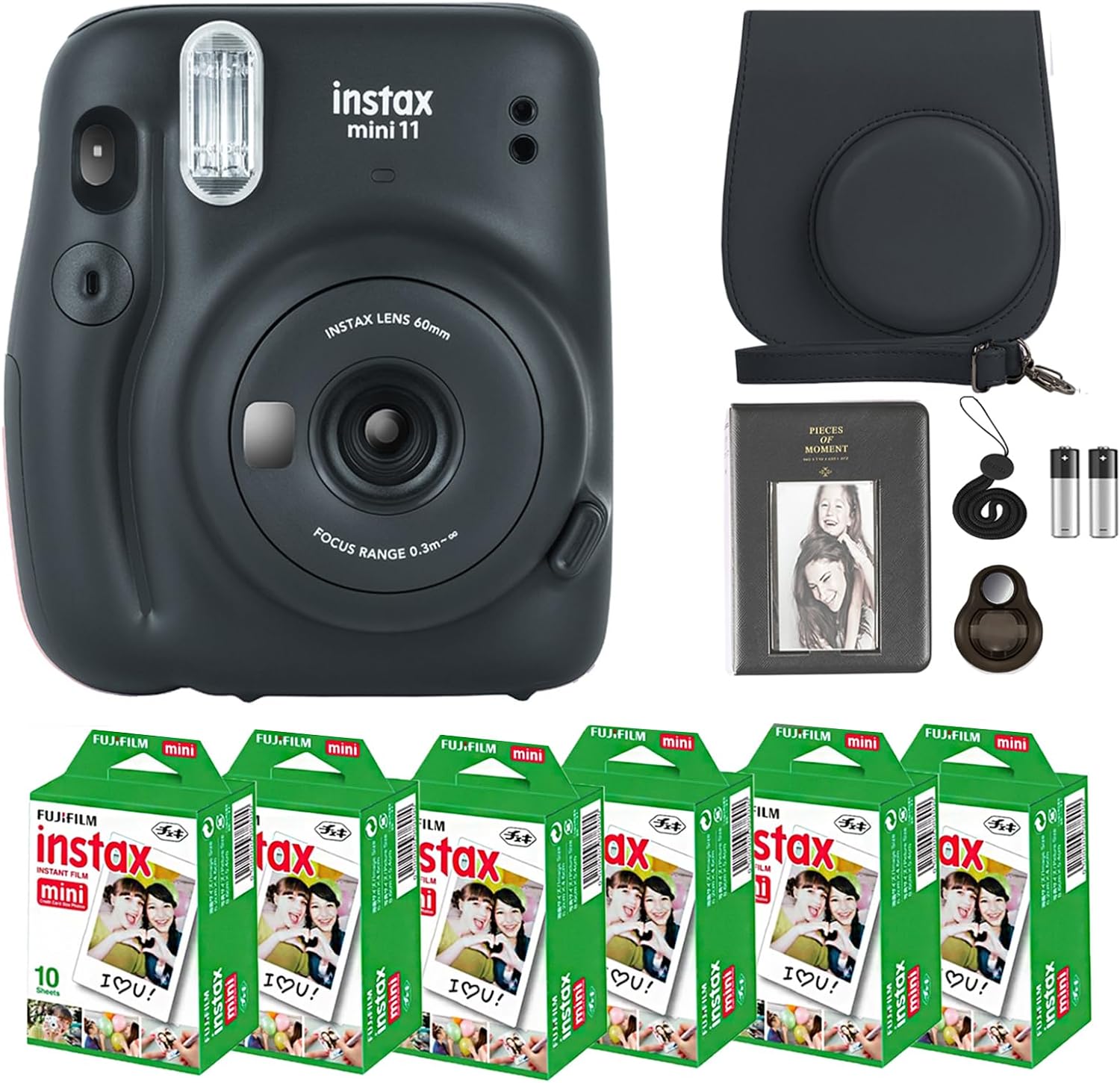 Fujifilm Instax Mini 11 Camera with Fujifilm Instant Mini Film (60 Sheets) Bundle with Deals Number One Accessories Including Carrying Case, Selfie Lens, Photo Album, Stickers (Charcoal Gray)-0