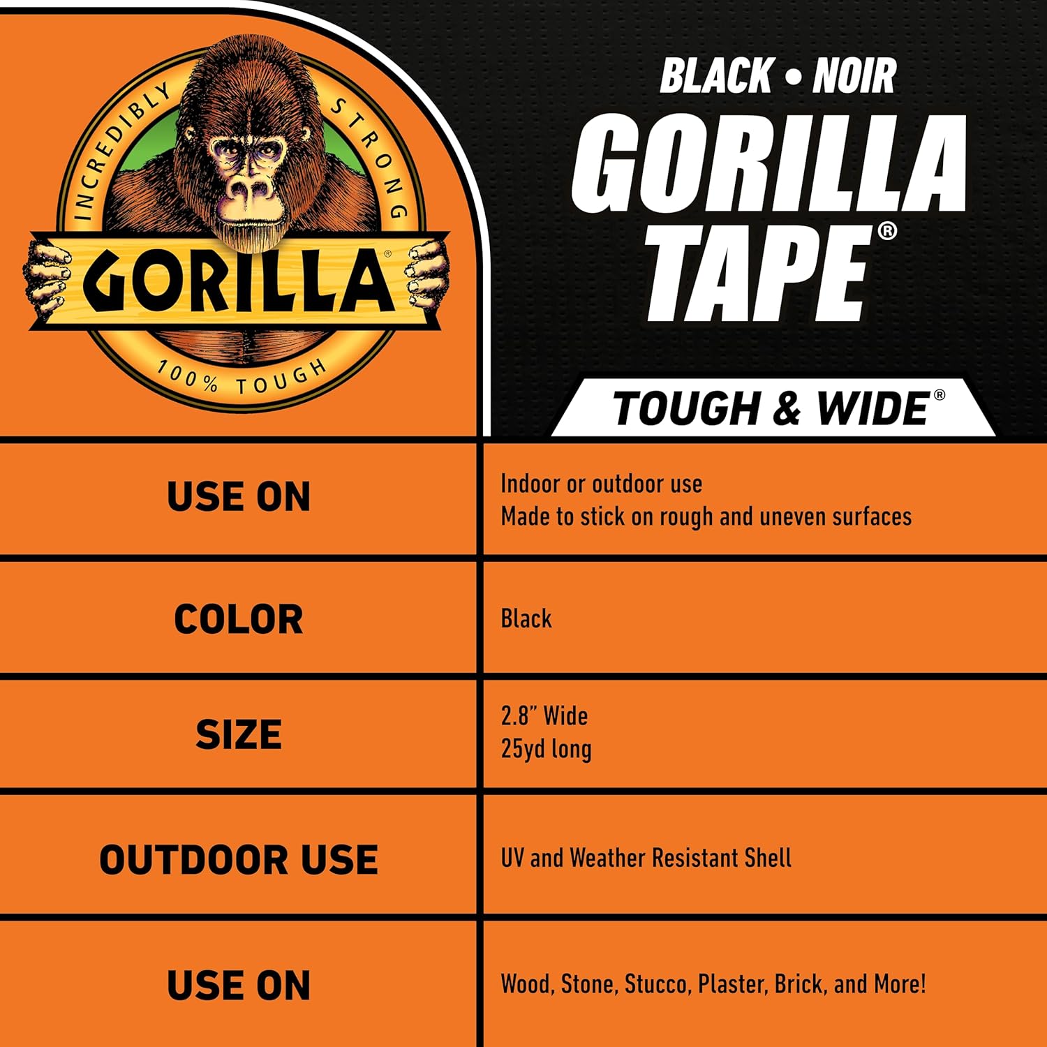 Gorilla Tough & Wide Duct Tape, 2.88" x 25yd, Black, (Pack of 1)-3