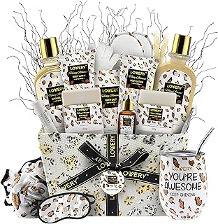 Luxury At-Home Spa Kit with Honey Almond Scent - Bath Gift Basket with Vit E-Rich Bath Essentials, Tumbler, Ear Candles, Bath Oil, Salts, Shower Steamer, Organic Lip Balm & More in Leopard Basket, 21