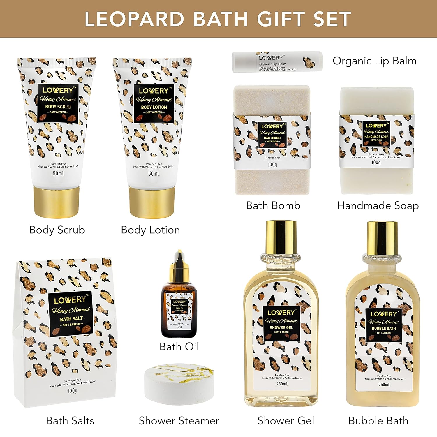 Luxury At-Home Spa Kit with Honey Almond Scent - Bath Gift Basket with Vit E-Rich Bath Essentials, Tumbler, Ear Candles, Bath Oil, Salts, Shower Steamer, Organic Lip Balm & More in Leopard Basket, 21-1