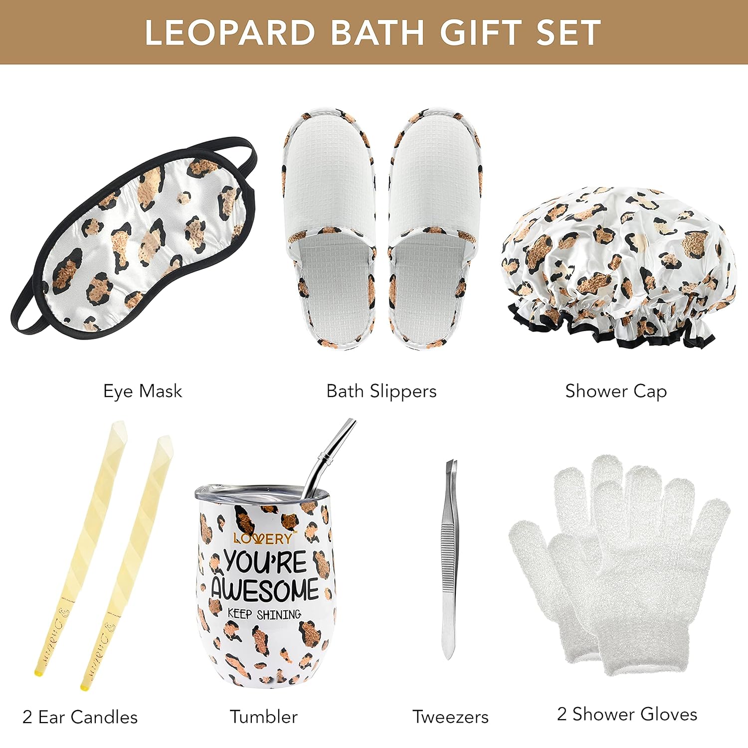 Luxury At-Home Spa Kit with Honey Almond Scent - Bath Gift Basket with Vit E-Rich Bath Essentials, Tumbler, Ear Candles, Bath Oil, Salts, Shower Steamer, Organic Lip Balm & More in Leopard Basket, 21-2