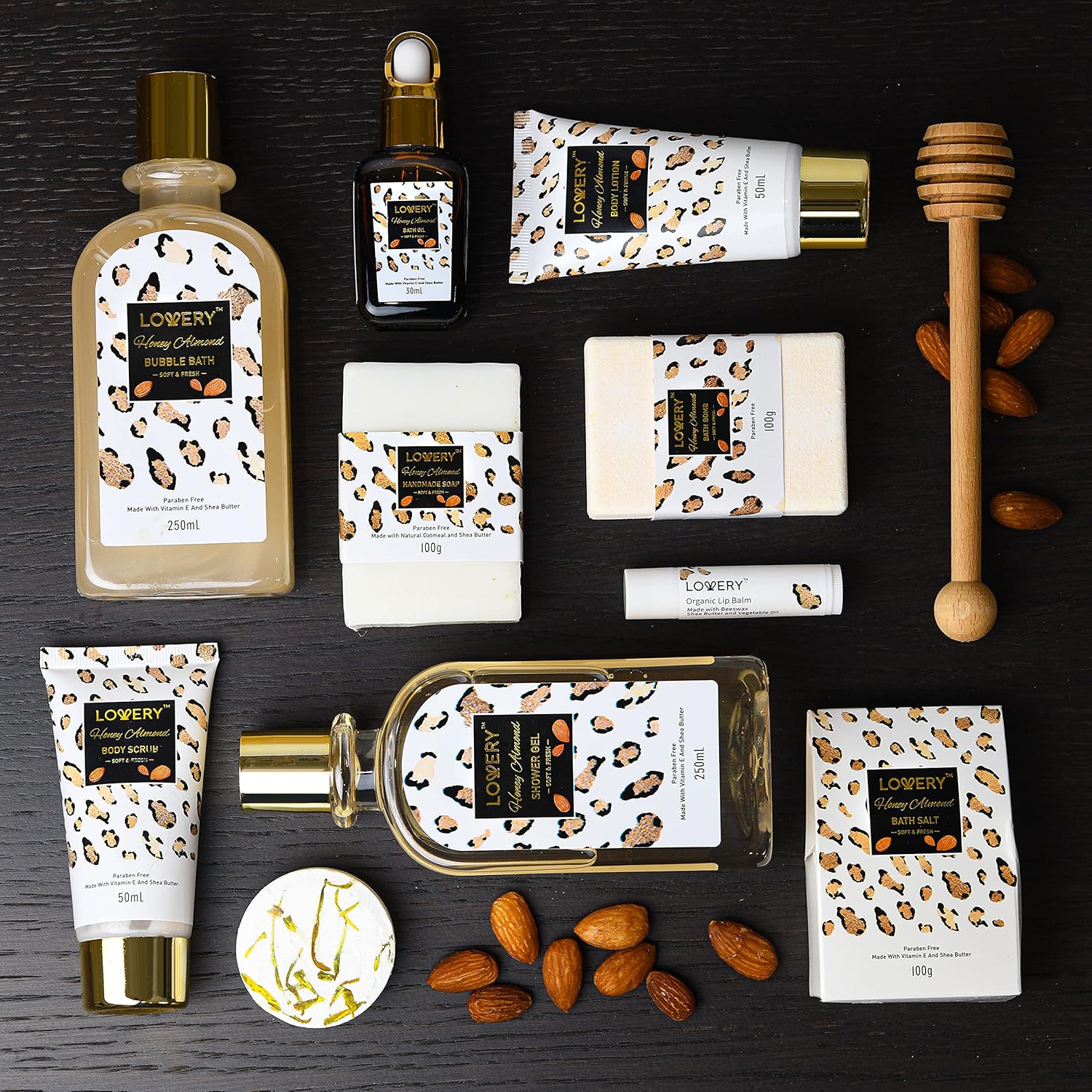 Luxury At-Home Spa Kit with Honey Almond Scent - Bath Gift Basket with Vit E-Rich Bath Essentials, Tumbler, Ear Candles, Bath Oil, Salts, Shower Steamer, Organic Lip Balm & More in Leopard Basket, 21-7