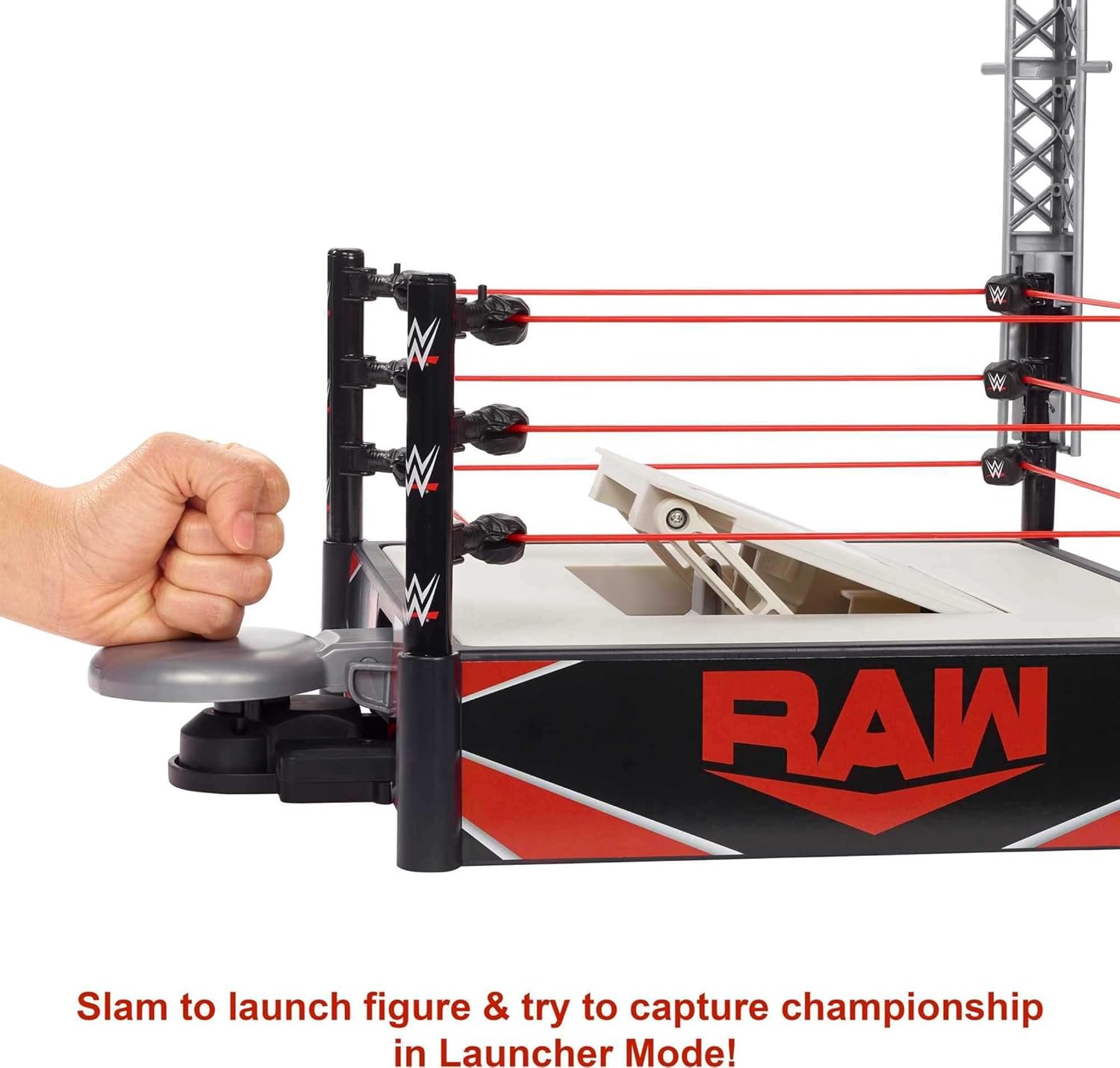 Mattel WWE Wrekkin' Kickout Ring Playset with Accessories & 2 Play Modes, Includes Launcher, Crane, WWE Championship & More, 13-inch x 20-inch-4