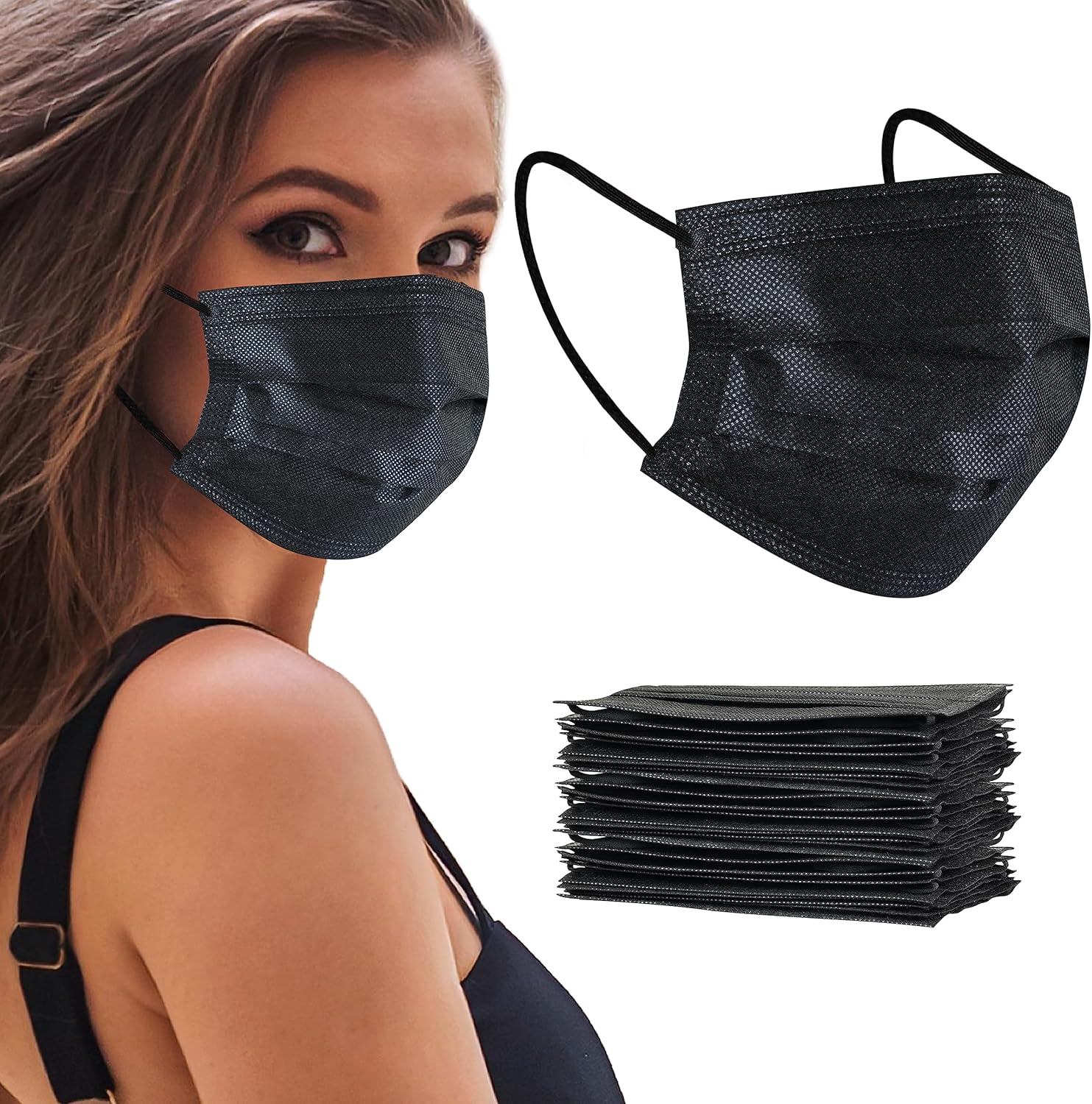 akgk 50Pcs Disposable Face Masks, 3 Ply Disposable Masks, Black Face Mask-0