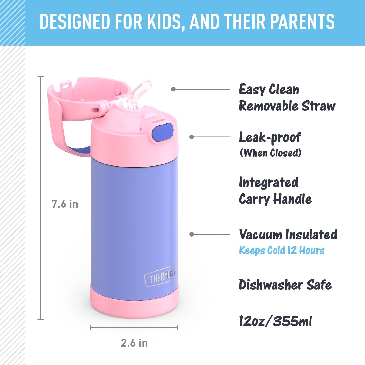 THERMOS FUNTAINER Water Bottle with Straw - 12 Ounce, Purple/Pink - Kids Stainless Steel Vacuum Insulated Water Bottle with Lid-1