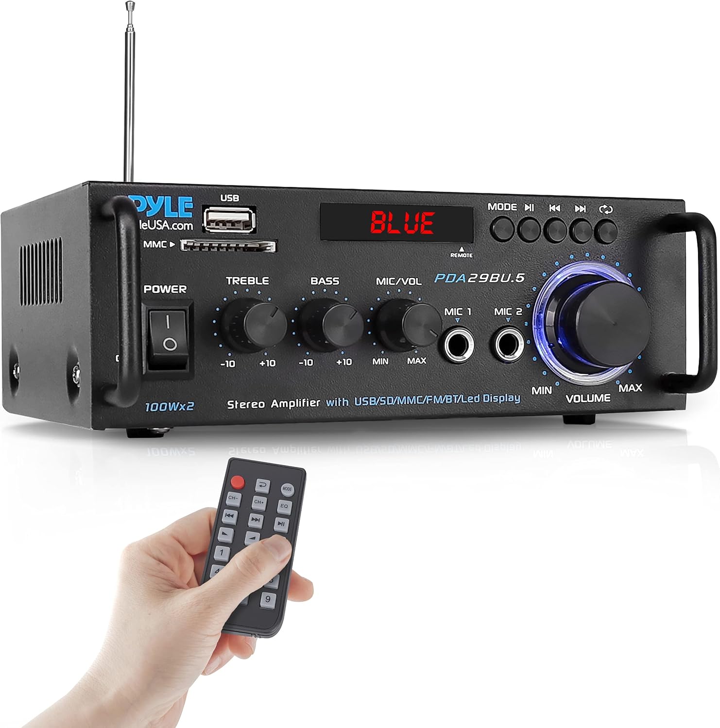 Pyle Stereo Power Amplifier 200 W Peak w/ Bluetooth Wireless, LED Display, Dual Channel Audio Stereo Receiver w/ RCA, USB, SD, MIC in, FM Radio, Perfect For Home Computer via RCA, PDA29BU.5-0