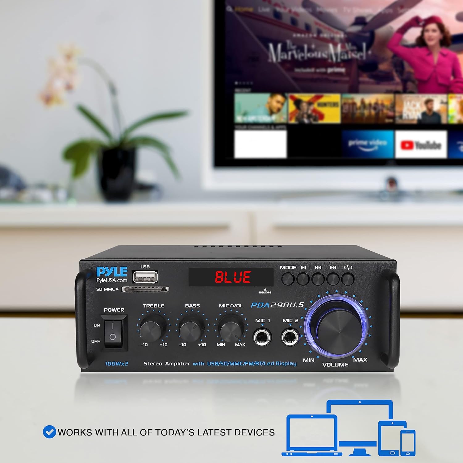 Pyle Stereo Power Amplifier 200 W Peak w/ Bluetooth Wireless, LED Display, Dual Channel Audio Stereo Receiver w/ RCA, USB, SD, MIC in, FM Radio, Perfect For Home Computer via RCA, PDA29BU.5-5