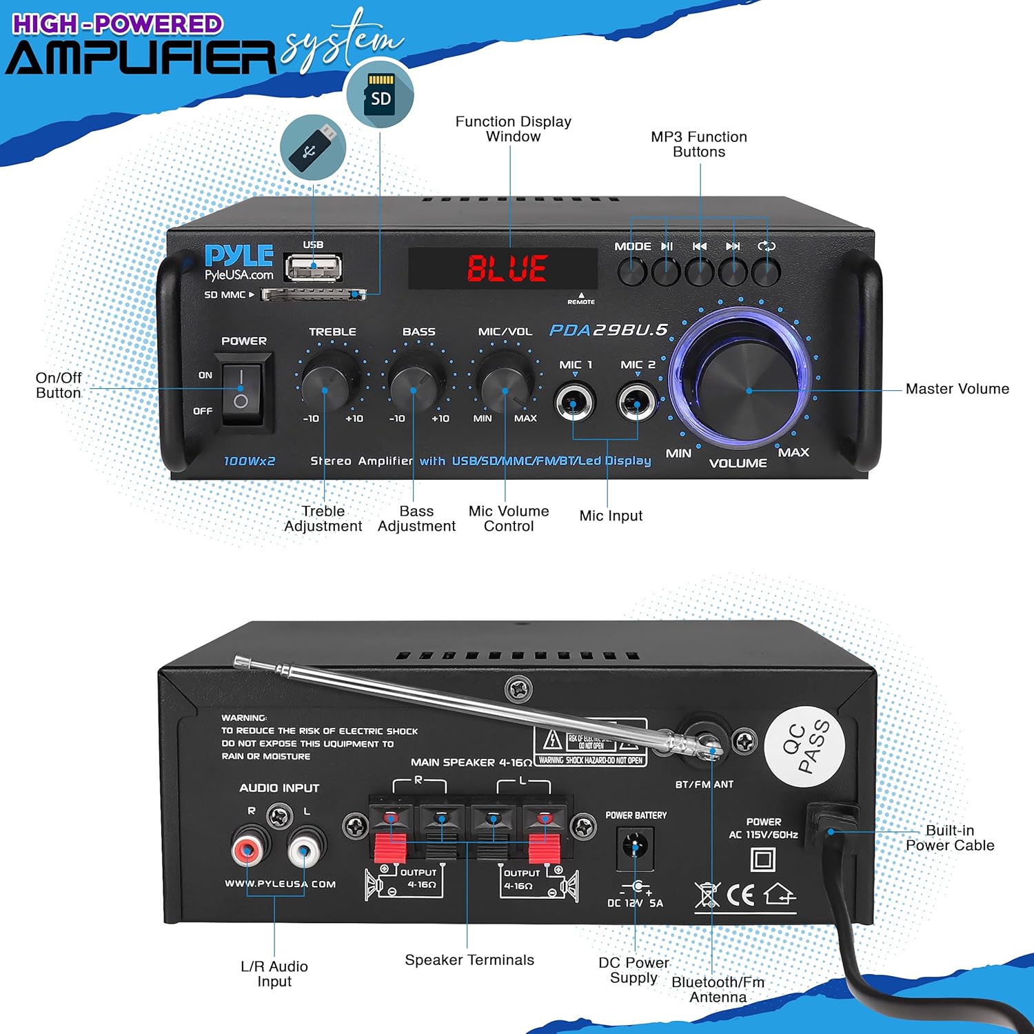 Pyle Wireless Bluetooth Stereo Power Amplifier - 200W 2 Channel Audio Receiver USA Warranty w/ RCA, USB, SD, MIC IN, FM Radio, For Home Theater Entertainment via RCA, Studio Use - PDA29BU.6-1