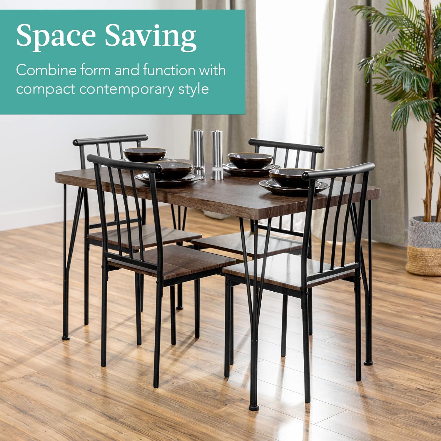 Best Choice Products 5-Piece Metal and Wood Indoor Modern Rectangular Dining Table Furniture Set for Kitchen, Dining Room, Dinette, Breakfast Nook w/ 4 Chairs - Drift Brown-1