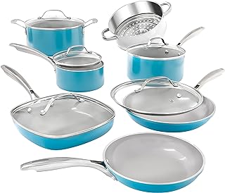 GOTHAM STEEL Aqua Blue Pots and Pans Set, 12 Piece Nonstick Ceramic Cookware, Includes Frying Pans, Stockpots & Saucepans, Stay Cool Handles, Oven & Dishwasher Safe, 100% PFOA Free, Turquoise