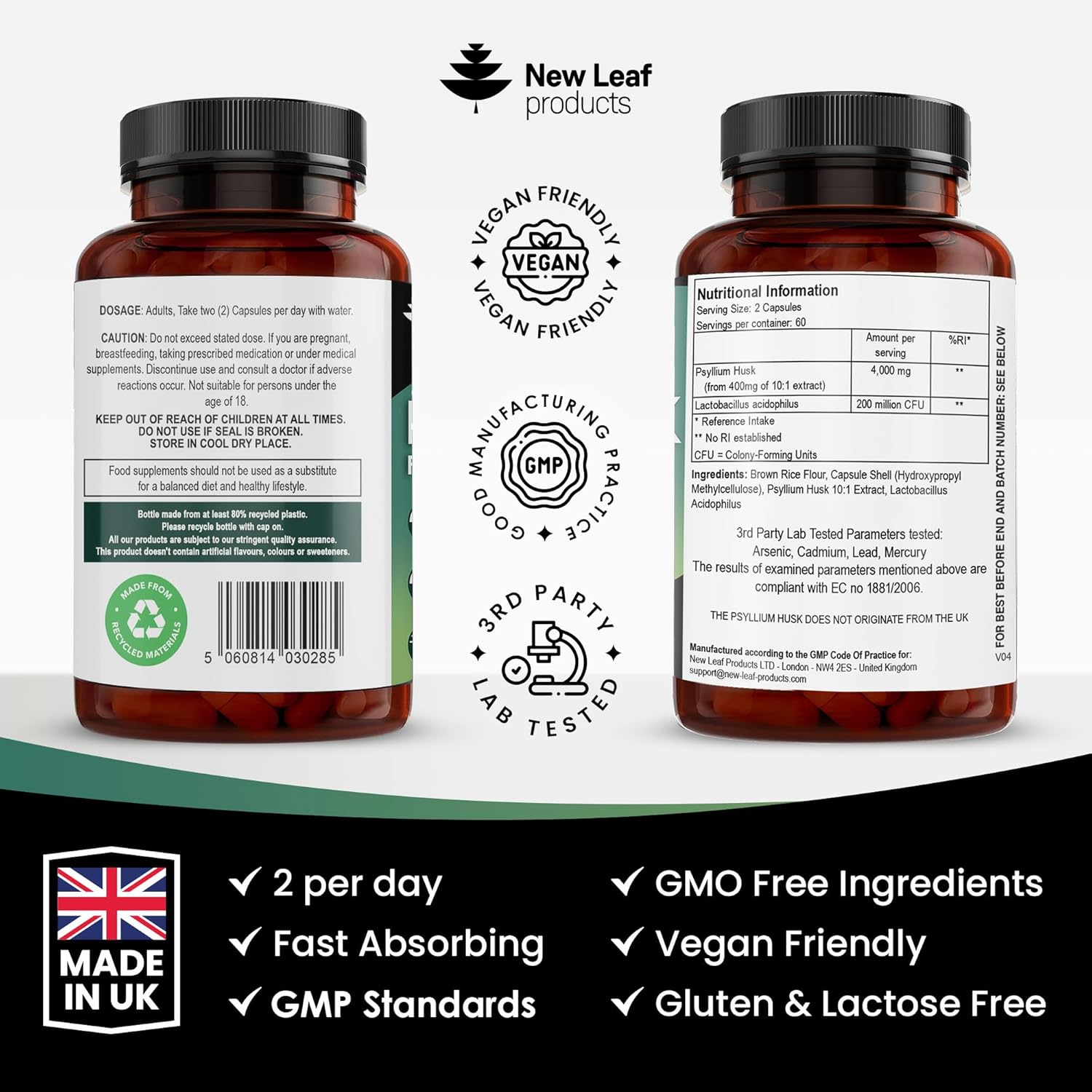 Psyllium Husk Capsules Enriched With Probiotics Fibre Supplement High Absorbency Strength Contributes Towards Gut And Digestive Health from Plantago Ovata Seeds, Ispaghula Husk, Gluten-Free Made in UK-4