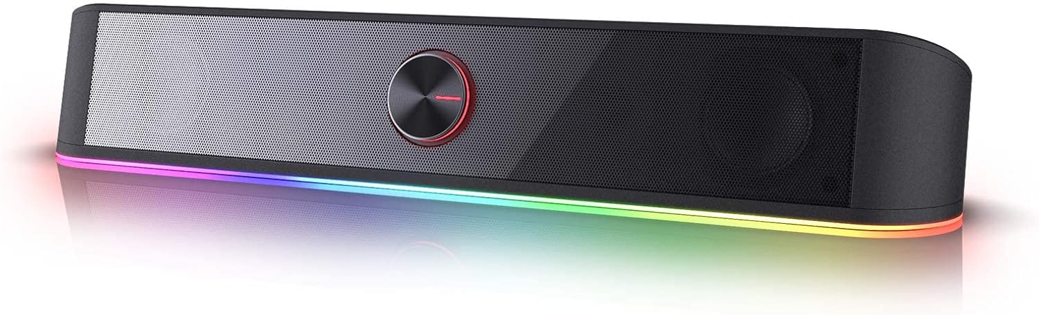 Redragon GS560 RGB Desktop Soundbar, 2.0 Channel Computer Speaker with Dynamic Lighting Bar Audio-Light Sync/Display, Touch-Control Backlit with Volume Knob, USB Powered w/ 3.5mm Cable, Black-0