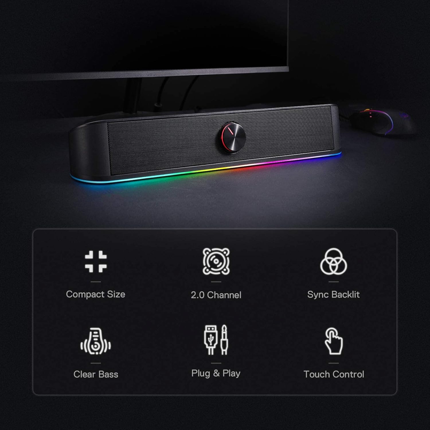 Redragon GS560 RGB Desktop Soundbar, 2.0 Channel Computer Speaker with Dynamic Lighting Bar Audio-Light Sync/Display, Touch-Control Backlit with Volume Knob, USB Powered w/ 3.5mm Cable, Black-5