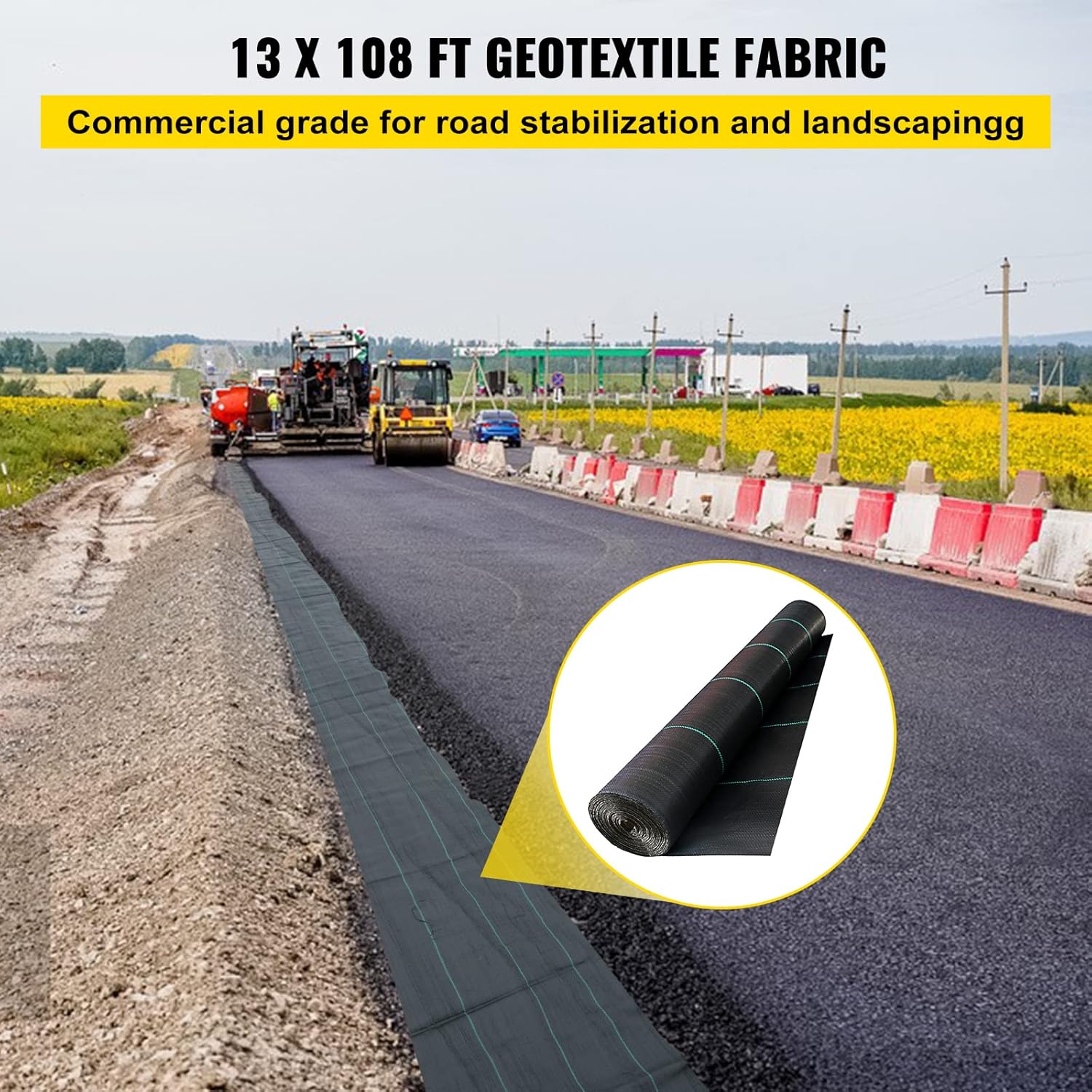 Happybuy Driveway Fabric, 13x108ft Commercial Grade Landscape Fabric, Garden Weed Barrier Fabric Heavy Duty, Geotextile Fabric Underlayment Gravel, Ground Cover Drainage Fabric, Weed Control Blocker-1