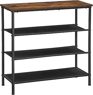 VASAGLE Shoe Rack, 4 Tier Shoe Storage Rack for 9-12 Pairs of Shoes, Shoe Organizer for Entryway, with 3 Fabric Shelves and Wooden Top, Steel Frame, Industrial, Rustic Brown and Black ULBS035B01