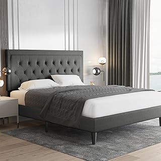 Allewie Queen Size Button Tufted Platform Bed Frame/Fabric Upholstered Bed Frame with Adjustable Headboard/Wood Slat Support/Mattress Foundation/Dark Grey (Queen)