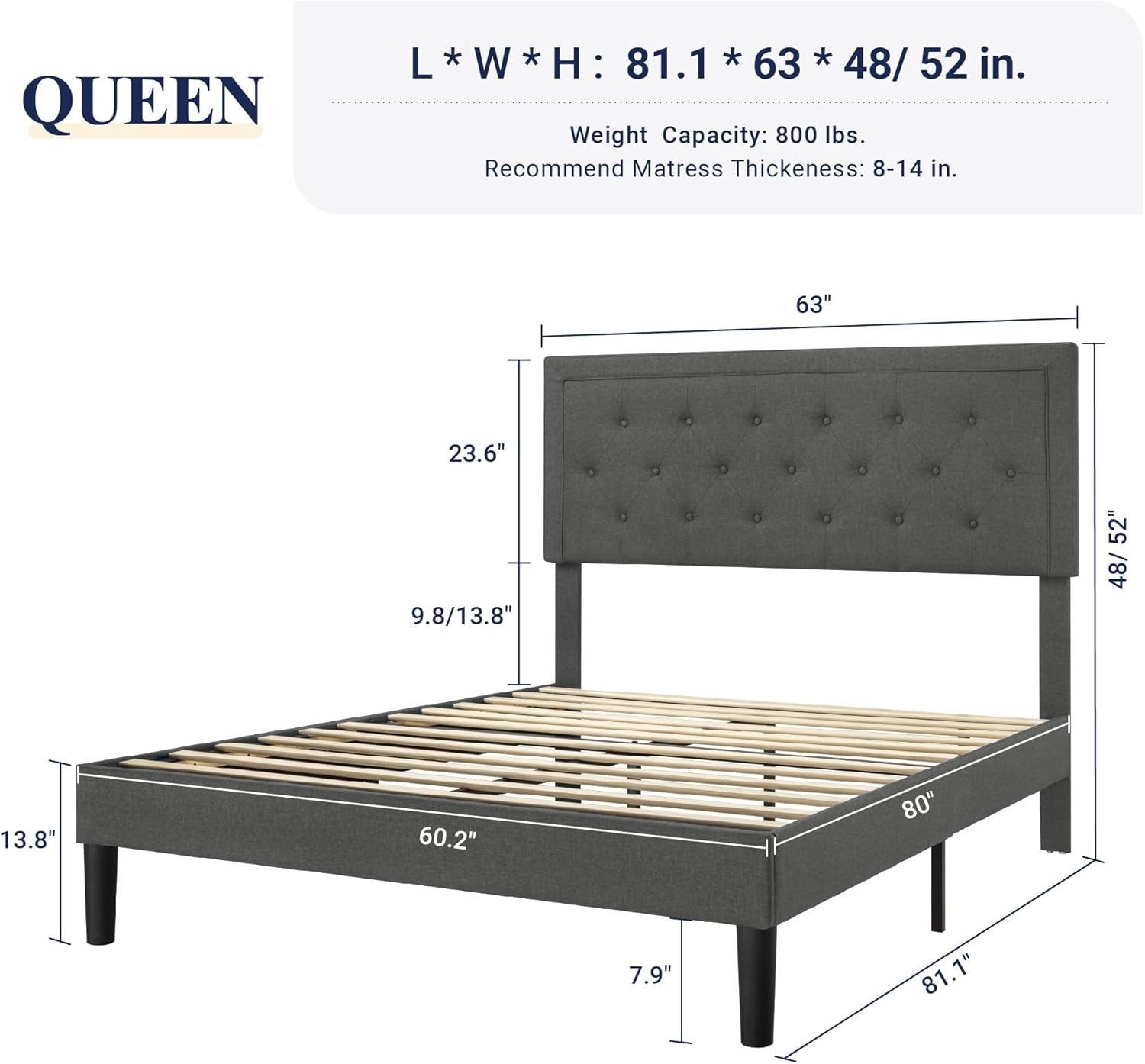 Allewie Queen Size Button Tufted Platform Bed Frame/Fabric Upholstered Bed Frame with Adjustable Headboard/Wood Slat Support/Mattress Foundation/Dark Grey (Queen)-1