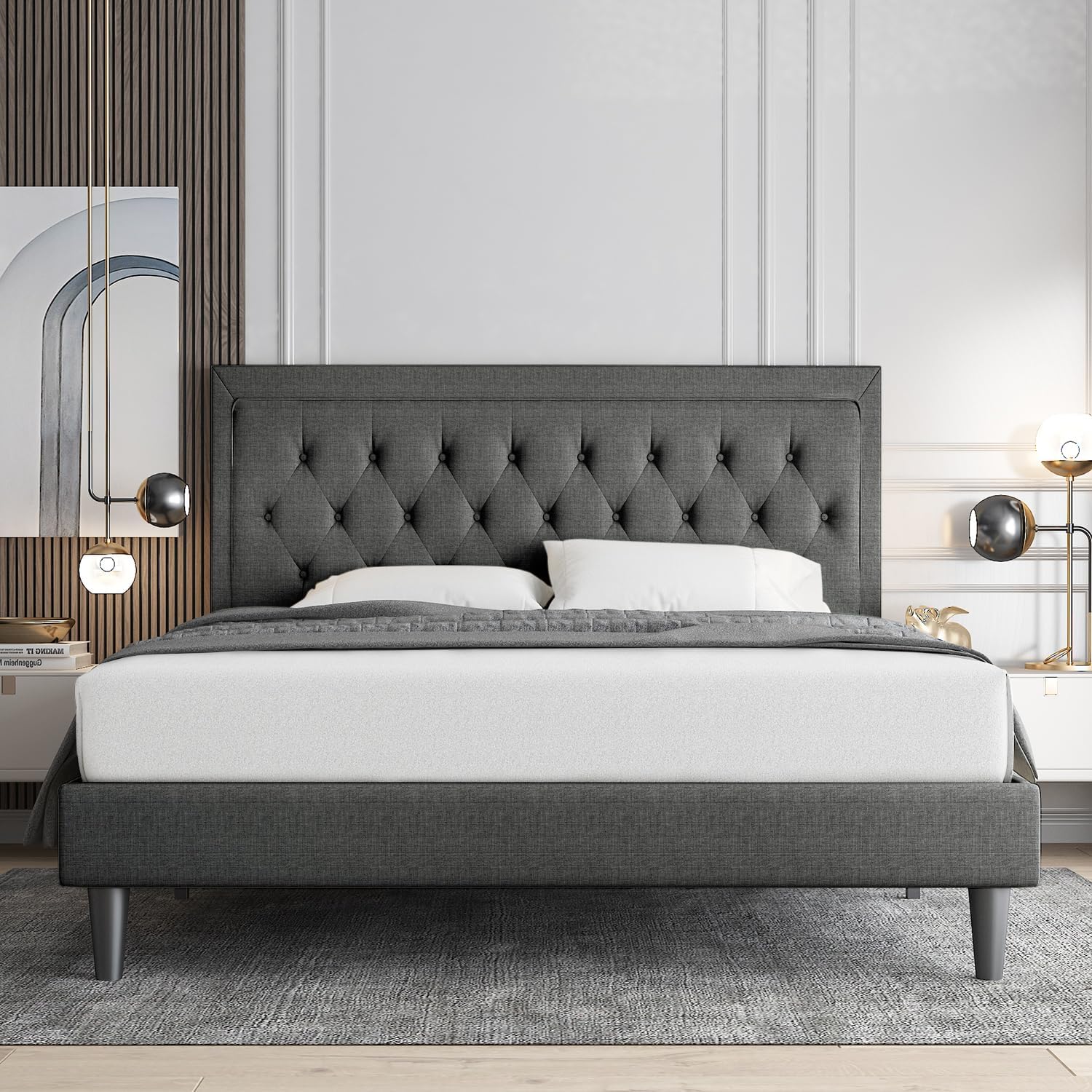 Allewie Queen Size Button Tufted Platform Bed Frame/Fabric Upholstered Bed Frame with Adjustable Headboard/Wood Slat Support/Mattress Foundation/Dark Grey (Queen)-2