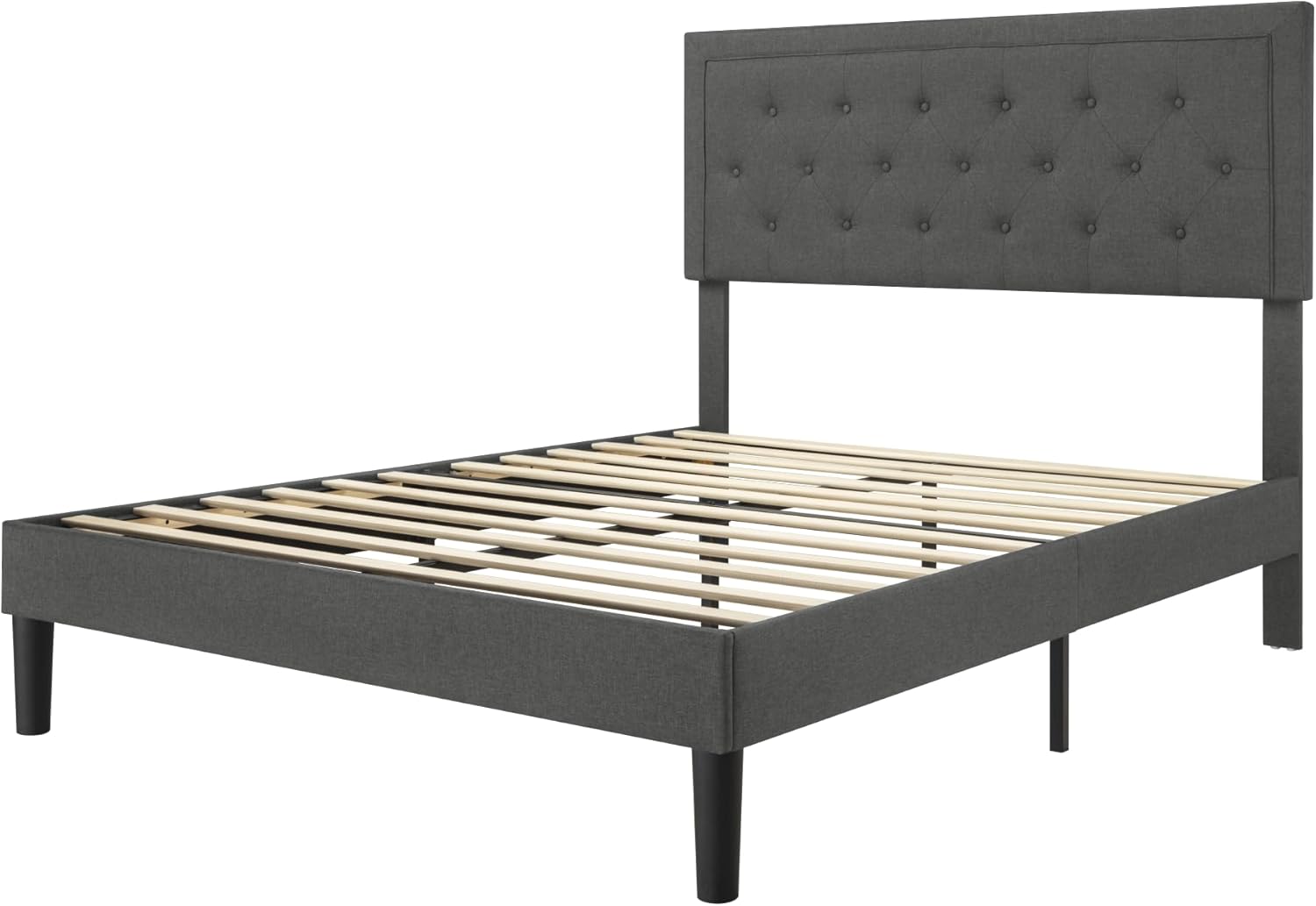 Allewie Queen Size Button Tufted Platform Bed Frame/Fabric Upholstered Bed Frame with Adjustable Headboard/Wood Slat Support/Mattress Foundation/Dark Grey (Queen)-8