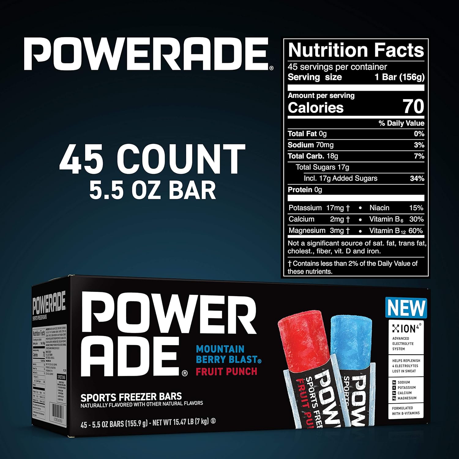 POWERADE Sports Freezer Bars, Giant Sized 5.5 oz Refreshing Ice Pops with Electrolytes B Vitamins – Naturally Flavored, Mountain Berry Blast and Fruit Punch, 45 Total Freezer Bars-3