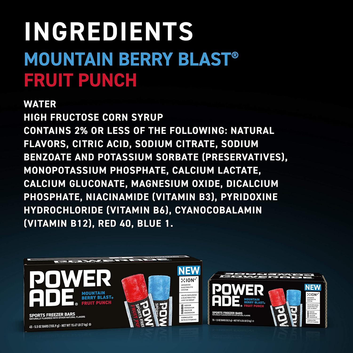 POWERADE Sports Freezer Bars, Giant Sized 5.5 oz Refreshing Ice Pops with Electrolytes B Vitamins – Naturally Flavored, Mountain Berry Blast and Fruit Punch, 45 Total Freezer Bars-4