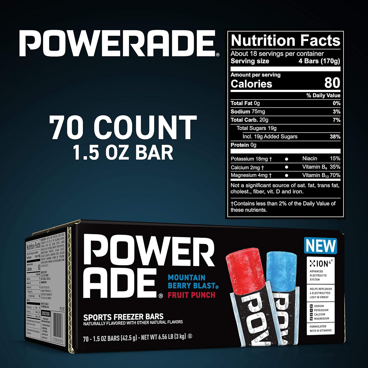 Powerade Sports Freezer Bars, 1.5 oz, Refreshing Ice Pops with Electrolytes B Vitamins, Naturally Flavored with Other Natural Flavors, Mountain Berry Blast and Fruit Punch, 70 Count-3