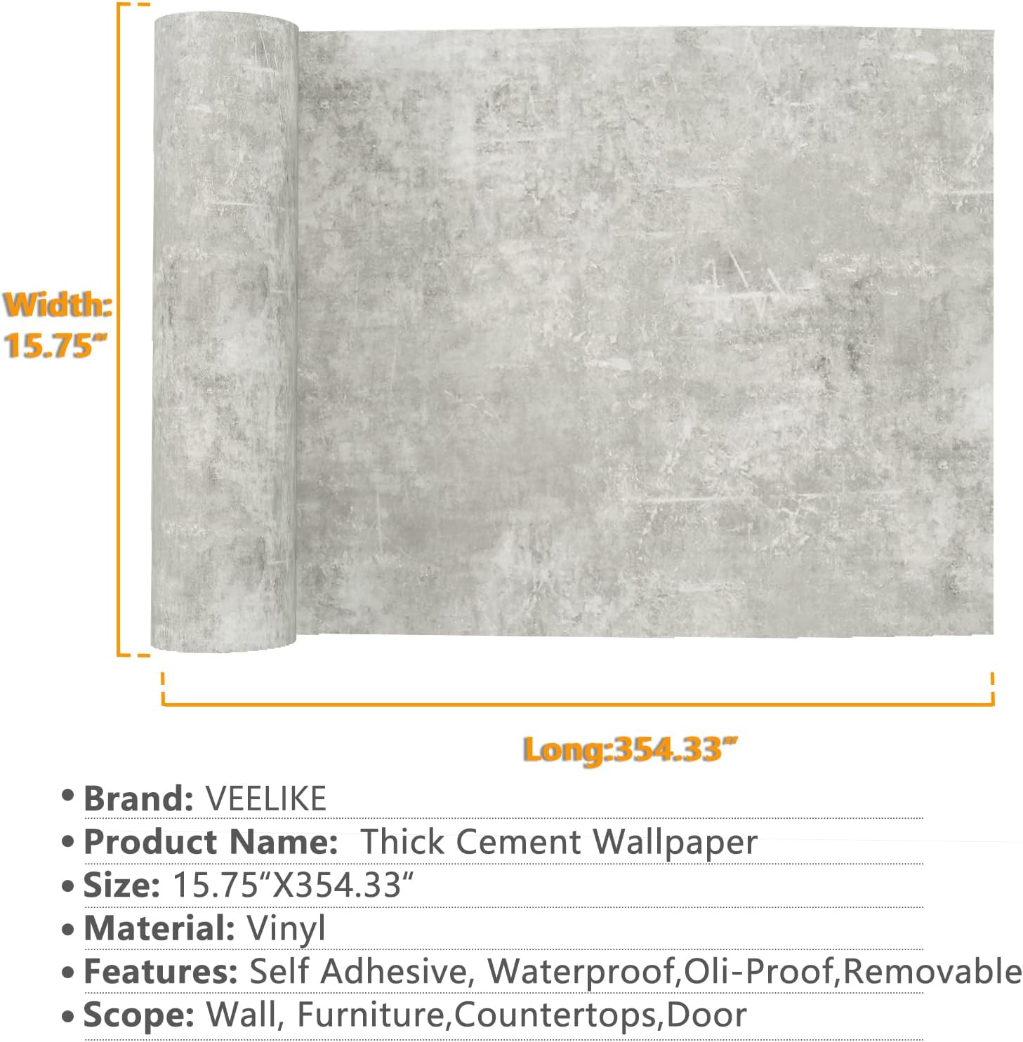 VEELIKE 15.7''x354'' Concrete Contact Paper for Countertops Waterproof Light Concrete Wallpaper Texture Peel and Stick Concrete Wall Paper Self Adhesive Cement Murals Removable for Cabinets Furniture-1