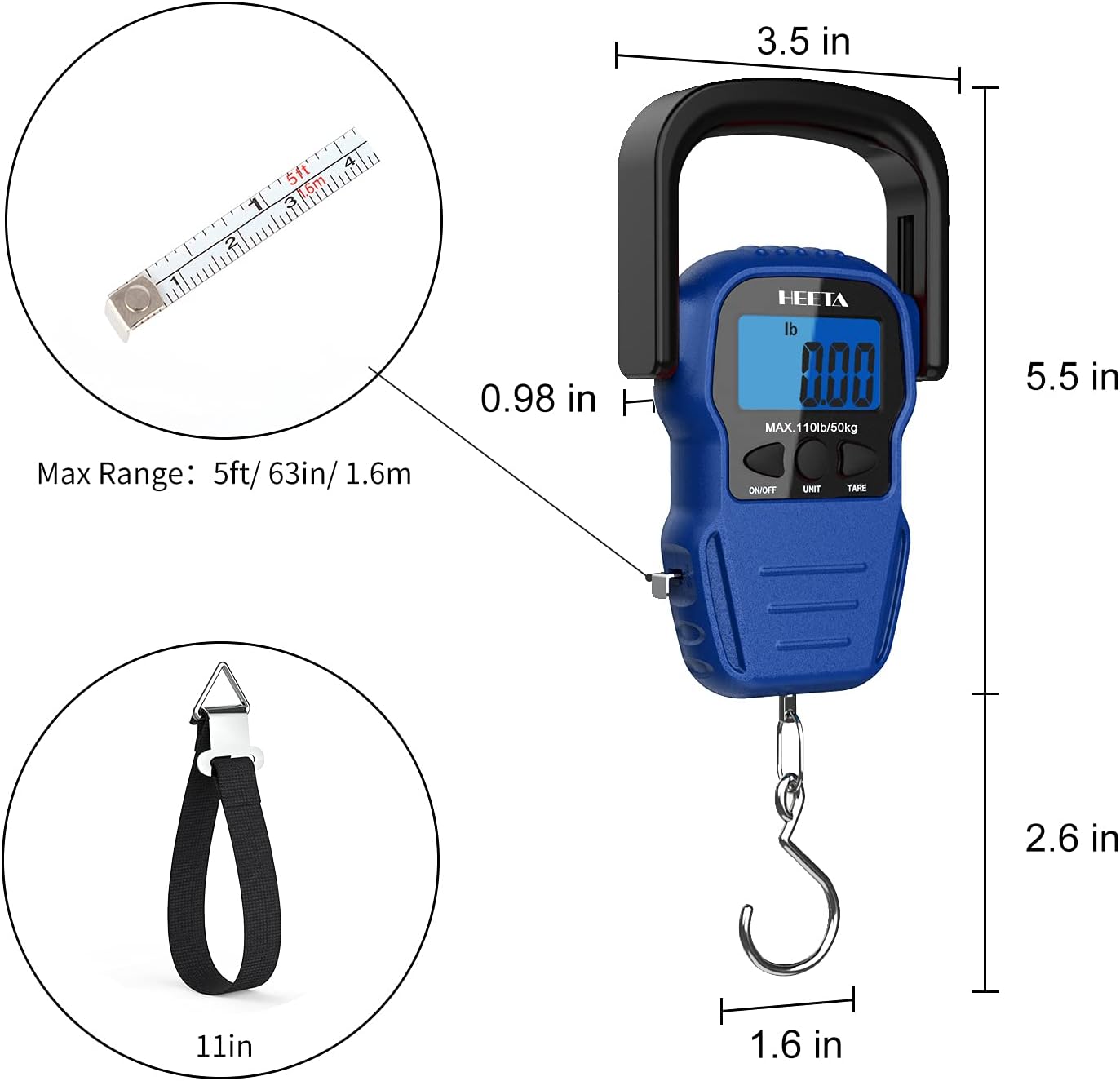 HEETA Fish Scale with Backlit LCD Display, Up to 110lb/50kg Digital Portable Hanging Fish Weight Scale with Hook & Measuring Tape for Home, Farm, Outdoor, Hunting, Fishing, 2 AAA Batteries Included-1