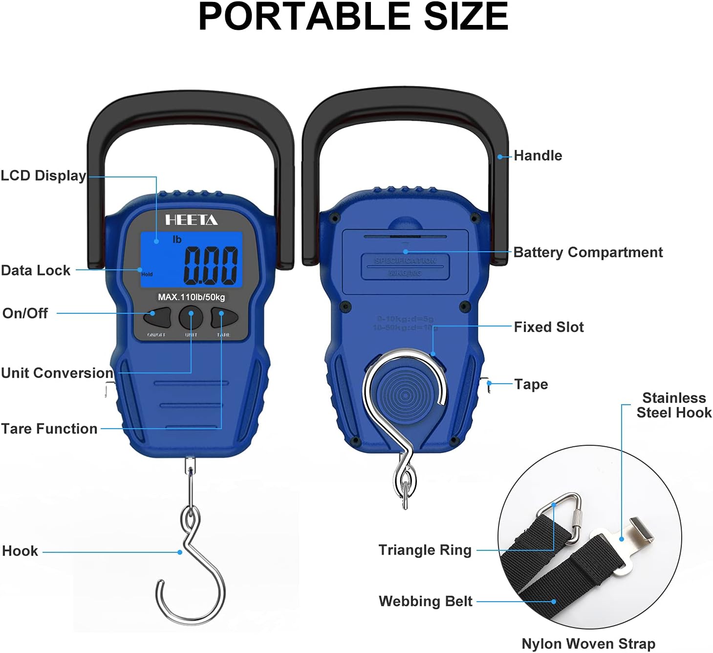 HEETA Fish Scale with Backlit LCD Display, Up to 110lb/50kg Digital Portable Hanging Fish Weight Scale with Hook & Measuring Tape for Home, Farm, Outdoor, Hunting, Fishing, 2 AAA Batteries Included-2