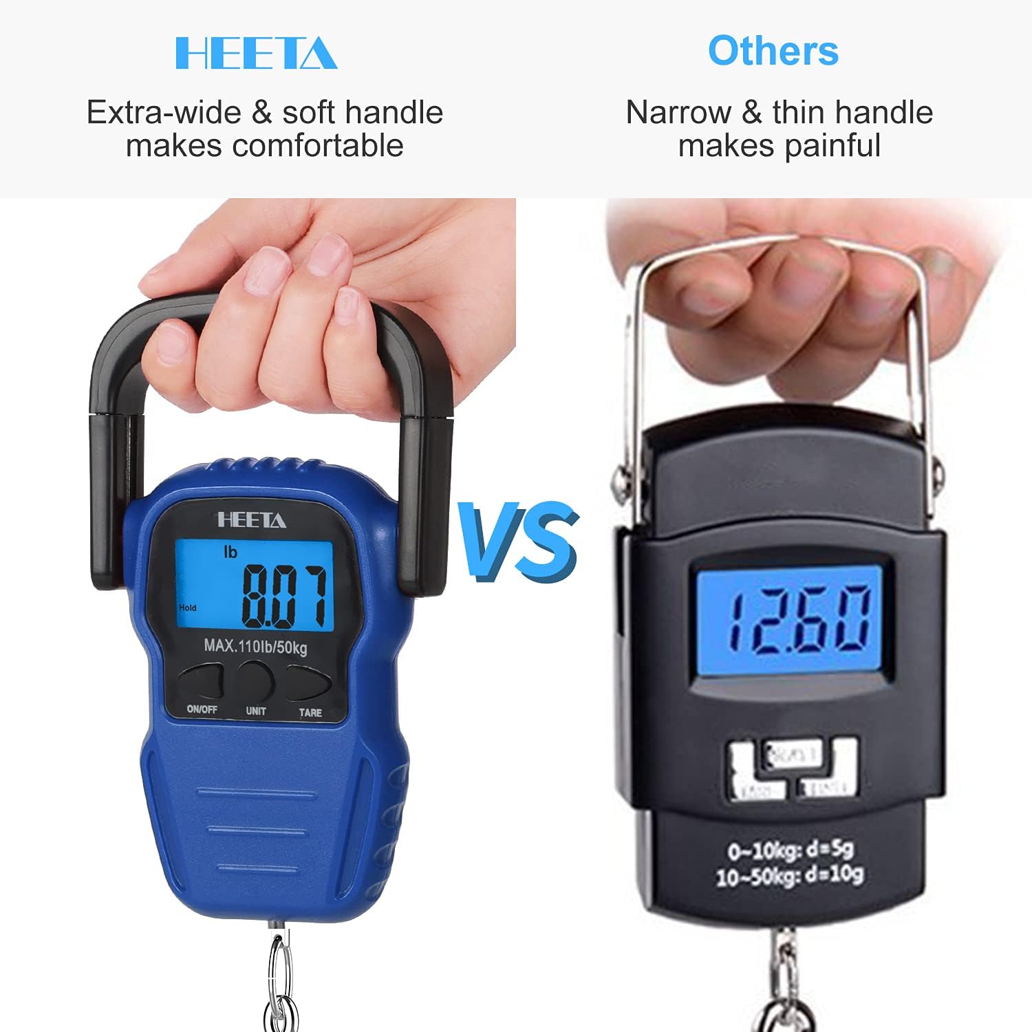 HEETA Fish Scale with Backlit LCD Display, Up to 110lb/50kg Digital Portable Hanging Fish Weight Scale with Hook & Measuring Tape for Home, Farm, Outdoor, Hunting, Fishing, 2 AAA Batteries Included-4