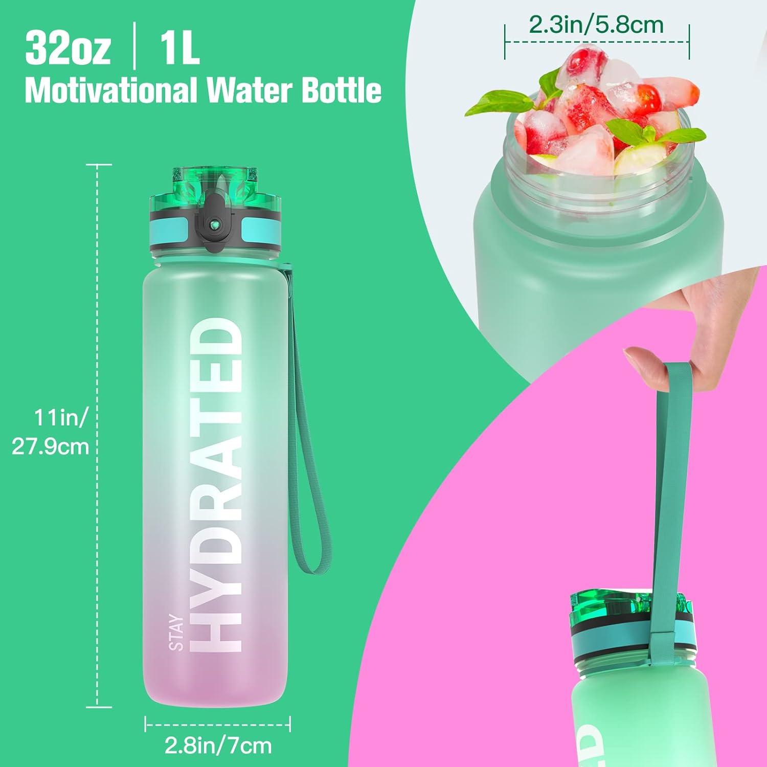 Sahara Sailor Water Bottles, 32oz Motivational Sports Water Bottle with Time Marker - Times to Drink - Tritan, BPA Free, Wide Mouth Leakproof, Fast Flow Technology with Clean Brush (1 Bottle)-4