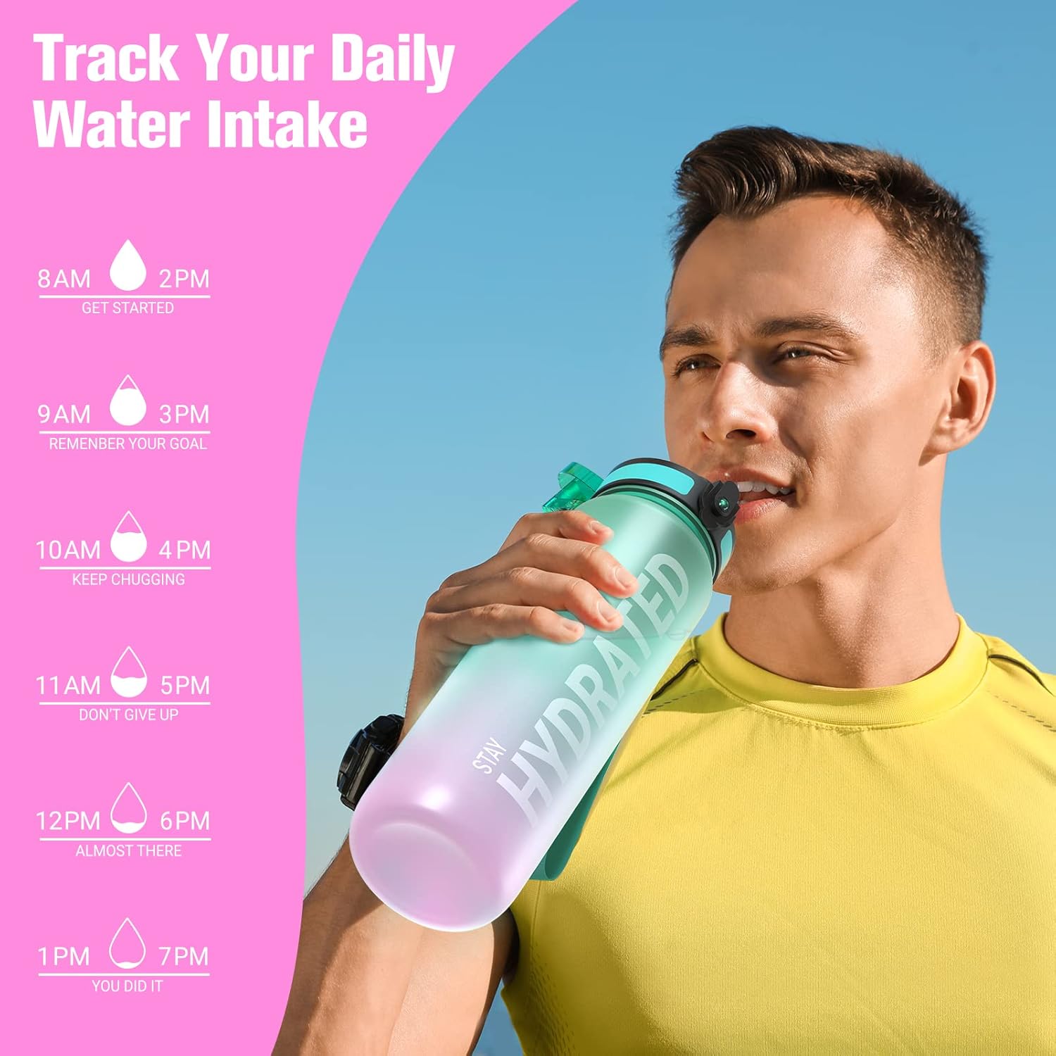 Sahara Sailor Water Bottles, 32oz Motivational Sports Water Bottle with Time Marker - Times to Drink - Tritan, BPA Free, Wide Mouth Leakproof, Fast Flow Technology with Clean Brush (1 Bottle)-5