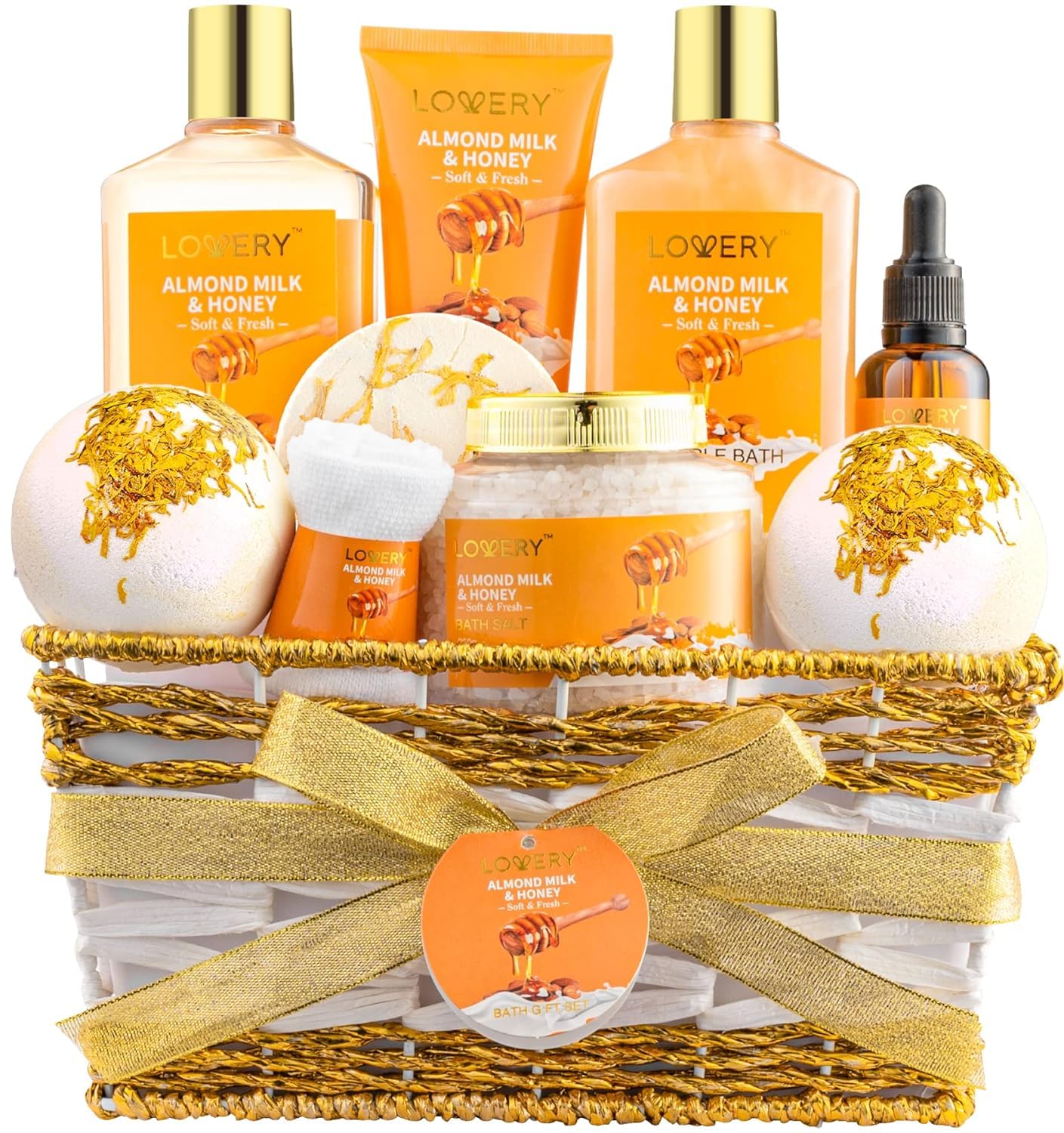 Gift Basket for Women - 10 Pc Almond Milk & Honey Beauty & Personal Care Set - Home Bath Pampering Package for Relaxing - Spa Self Care Kit - Thank You, Birthday, Mom, Anniversary Gift-0