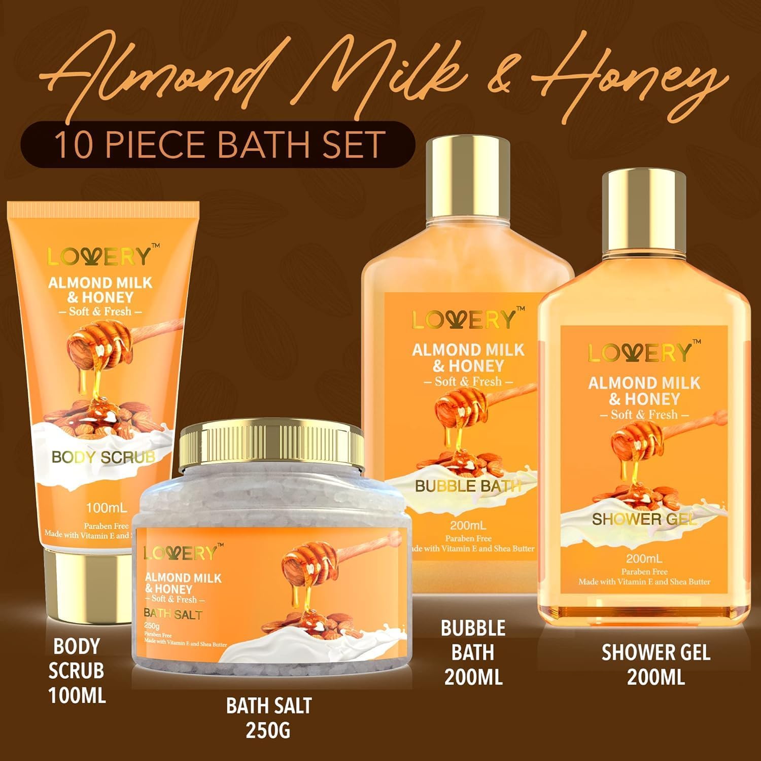 Gift Basket for Women - 10 Pc Almond Milk & Honey Beauty & Personal Care Set - Home Bath Pampering Package for Relaxing - Spa Self Care Kit - Thank You, Birthday, Mom, Anniversary Gift-1