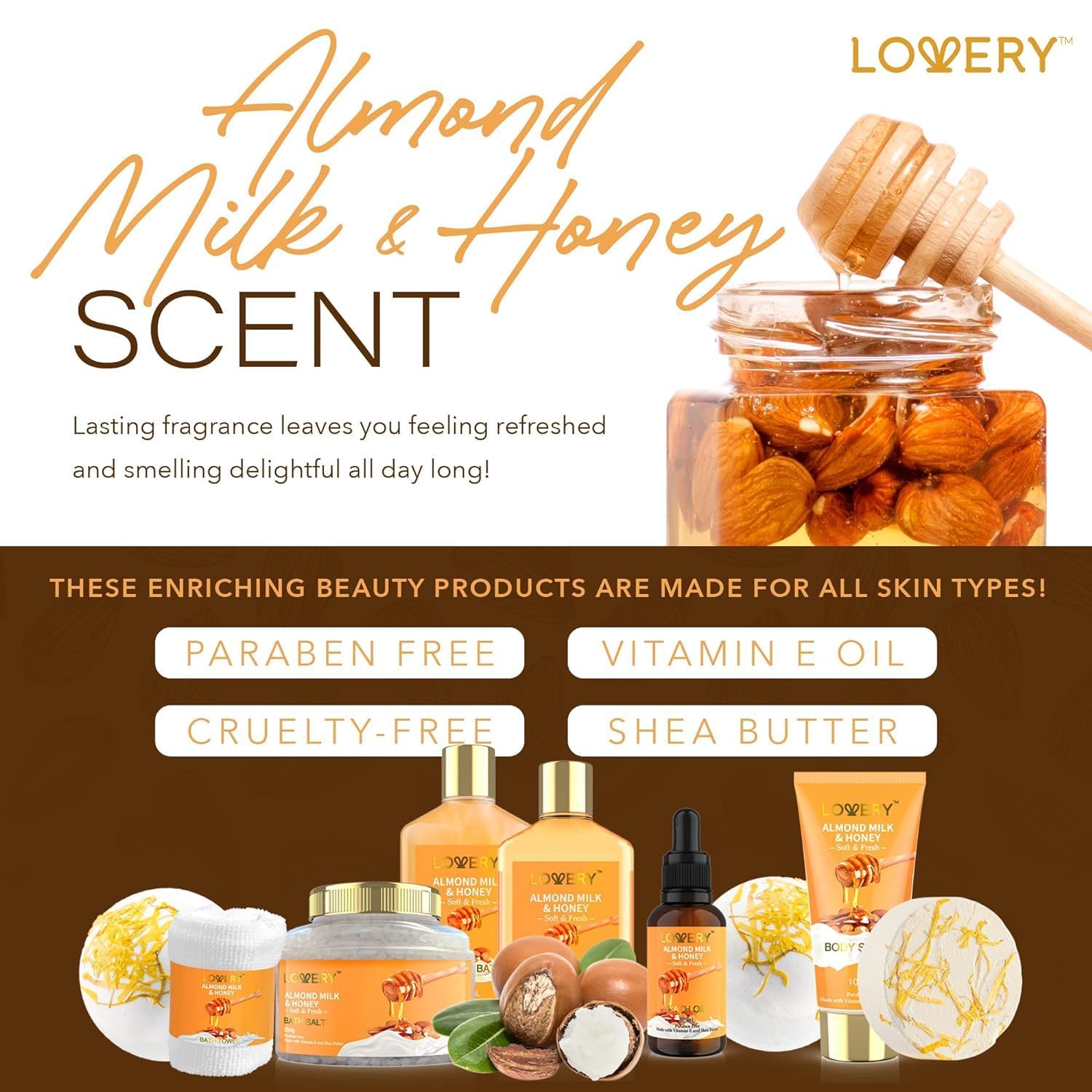 Gift Basket for Women - 10 Pc Almond Milk & Honey Beauty & Personal Care Set - Home Bath Pampering Package for Relaxing - Spa Self Care Kit - Thank You, Birthday, Mom, Anniversary Gift-4