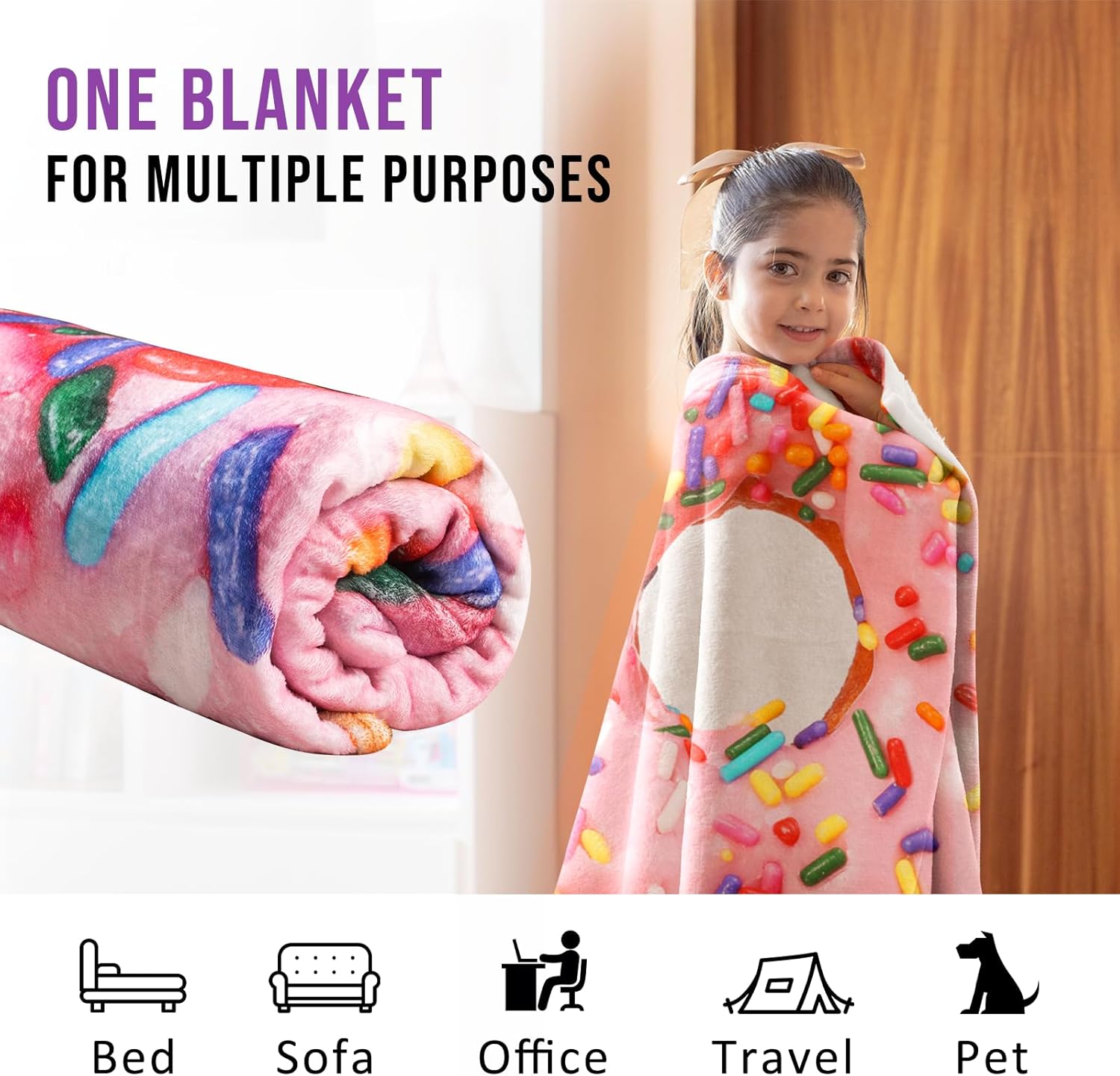 Realistic Donut Blanket, Thermal Towel Blanket Lightweight and Soft Flannel Novelty Decorative Blanket, Perfectly Round Fuzzy Blanket on Bed Couch Chair for Kids (Pink Donut, 71")-1