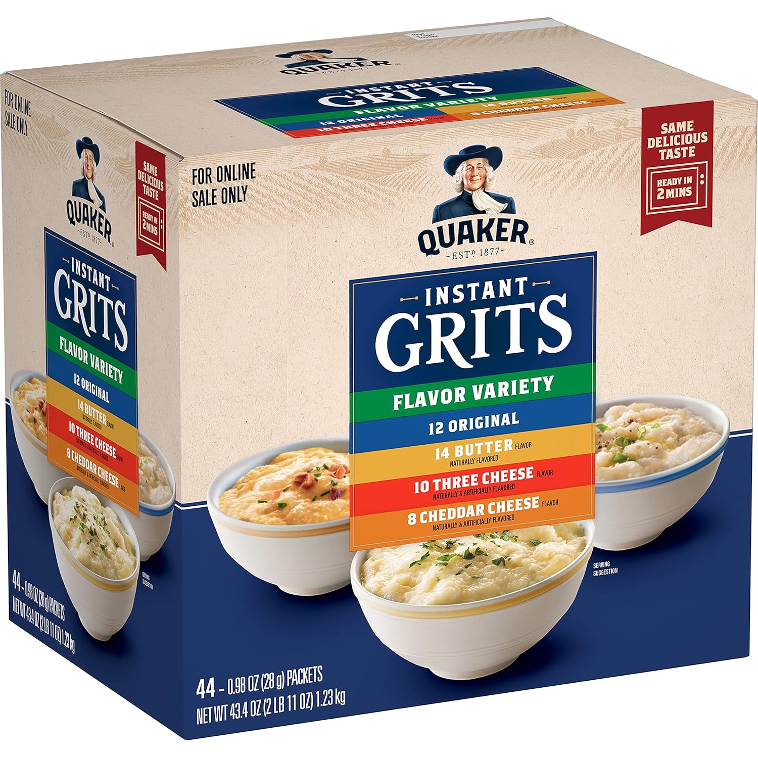 Quaker Instant Grits, 4 Flavor Variety Pack, 0.98oz Packets,44 Count (Pack of 1)-0