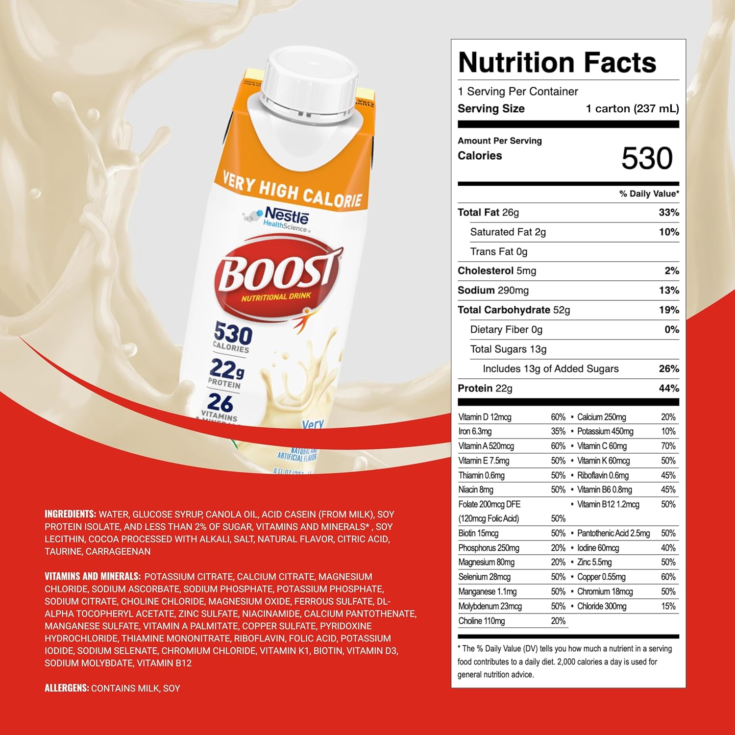 Boost Very High Calorie Vanilla Nutritional Drink – 22g Protein, 530 Nutrient Rich Calories, 8 Fl Oz (Pack of 24)-1