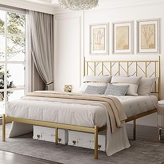 Allewie Queen Size Platform Bed Frame with Vintage Headboard, 14 Inches Metal Mattress Foundation for Storage, No Box Spring Needed, Easy Assembly, Modern, Gold