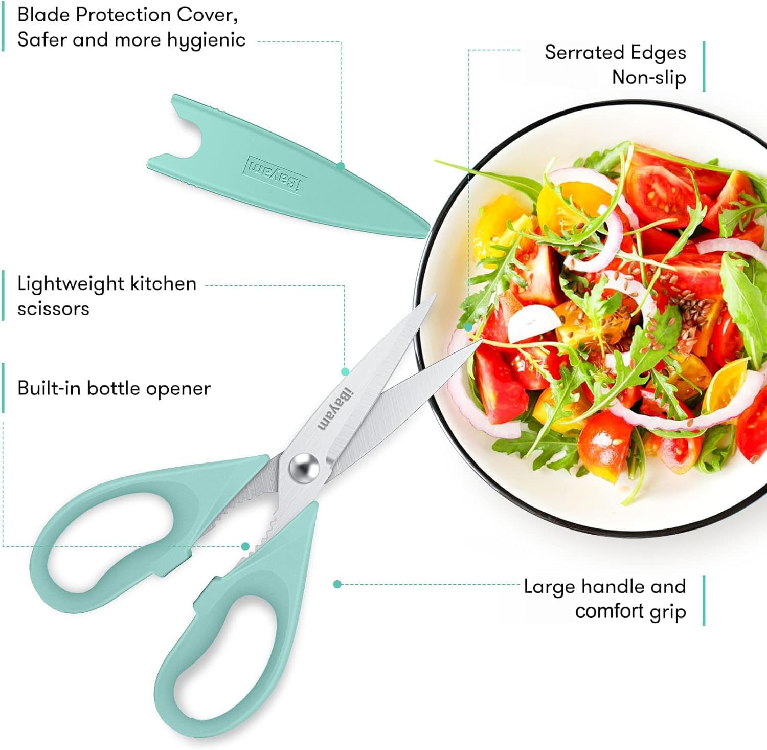 Kitchen Shears, iBayam Kitchen Scissors All Purpose Heavy Duty Meat Scissors Poultry Shears, Dishwasher Safe Food Cooking Scissors Stainless Steel Utility Scissors, 2-Pack, Black, Aqua Sky-1