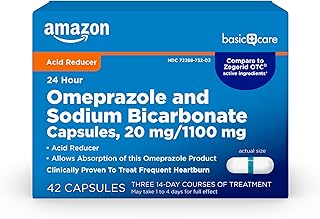 Amazon Basic Care Omeprazole and Sodium Bicarbonate Capsules, 20 mg/1100 mg, 24-Hour Frequent Heartburn Medicine, Acid Reducer Pills, 42 Count