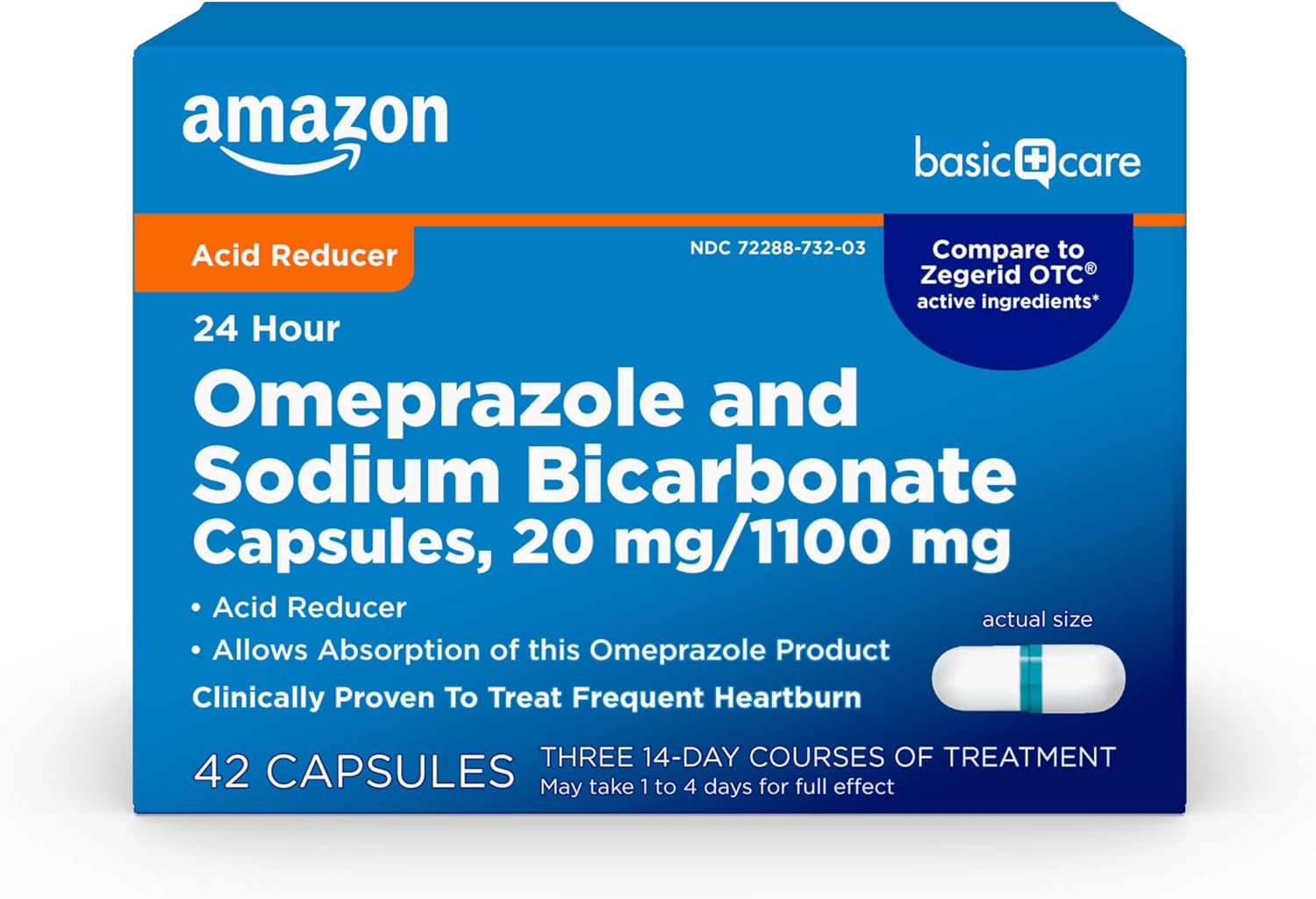 Amazon Basic Care Omeprazole and Sodium Bicarbonate Capsules, 20 mg/1100 mg, 24-Hour Frequent Heartburn Medicine, Acid Reducer Pills, 42 Count-0