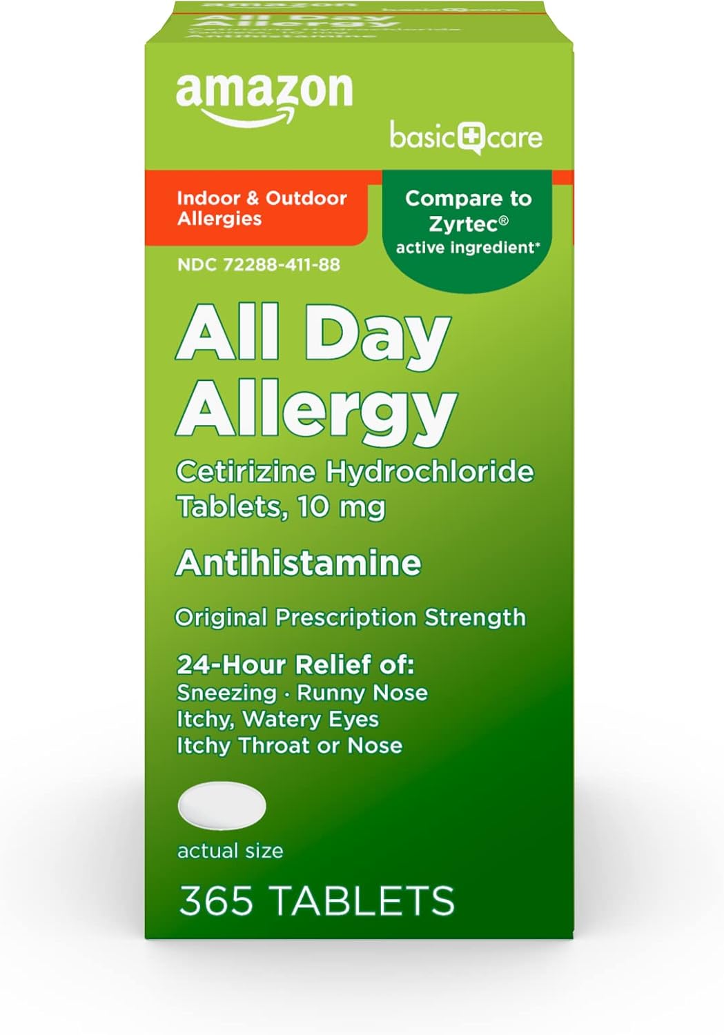 Amazon Basic Care All Day Allergy, Cetirizine Hydrochloride Tablets, Antihistamine, 10 mg, 365 Count (Pack of 1)-0