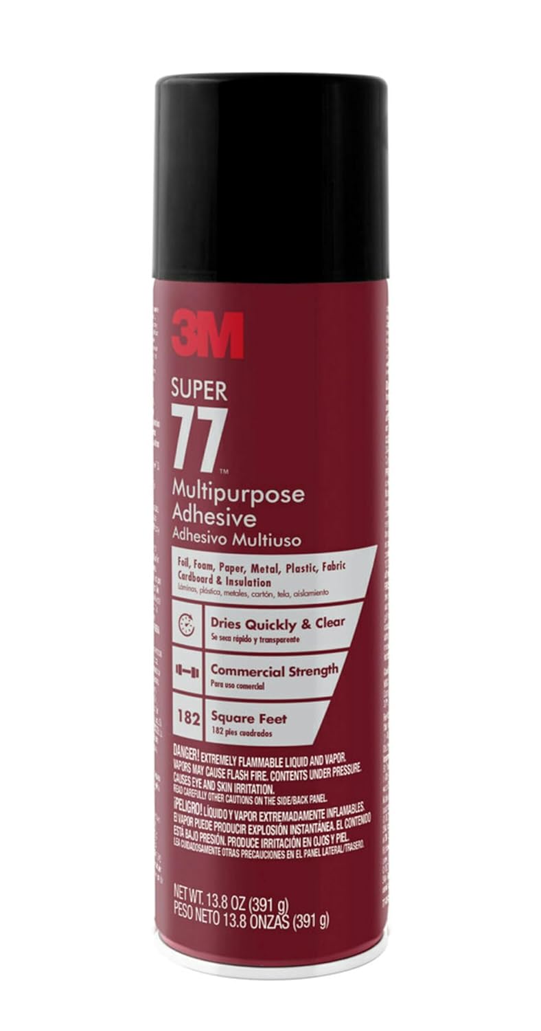 3M Super 77 Multipurpose Spray Adhesive, 13.8 oz., Provides Secure Bond In 15 Seconds, Dries Clear, Ideal For Plastic, Glass, Paper, Fabric, Wood, Foam, Cardboard, Fiberglass & More (77-DSC)-0