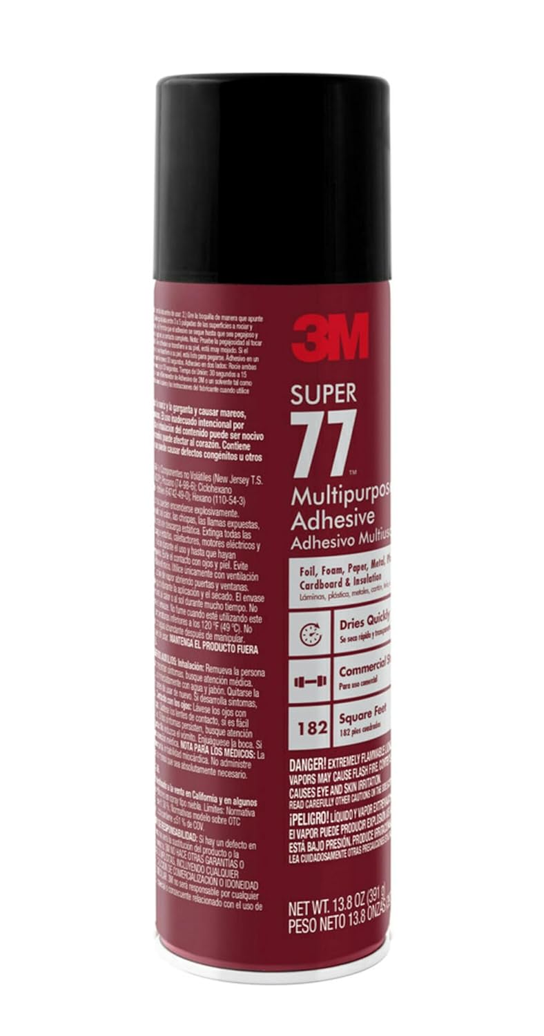 3M Super 77 Multipurpose Spray Adhesive, 13.8 oz., Provides Secure Bond In 15 Seconds, Dries Clear, Ideal For Plastic, Glass, Paper, Fabric, Wood, Foam, Cardboard, Fiberglass & More (77-DSC)-1