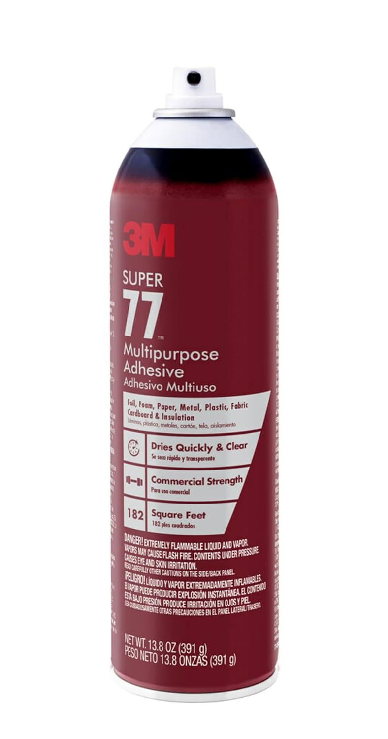 3M Super 77 Multipurpose Spray Adhesive, 13.8 oz., Provides Secure Bond In 15 Seconds, Dries Clear, Ideal For Plastic, Glass, Paper, Fabric, Wood, Foam, Cardboard, Fiberglass & More (77-DSC)-3