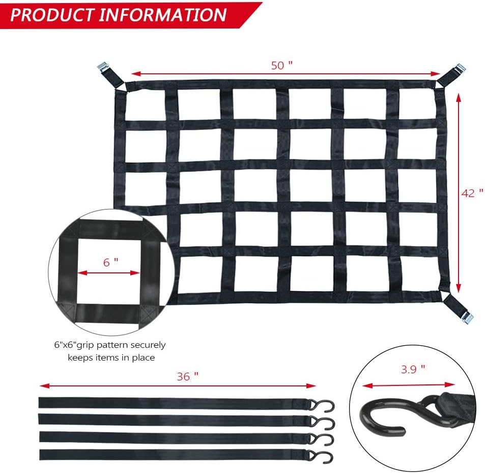 Surmountway Cargo Net for Pickup Truck Bed(42" x 50"), Truck Bed Cargo Net with Capacity 1100LBS, Heavy Duty Cargo Nets with Adjustable Cam Buckles & S-Hooks, Truck Cargo Net for Trailer Trucks-3